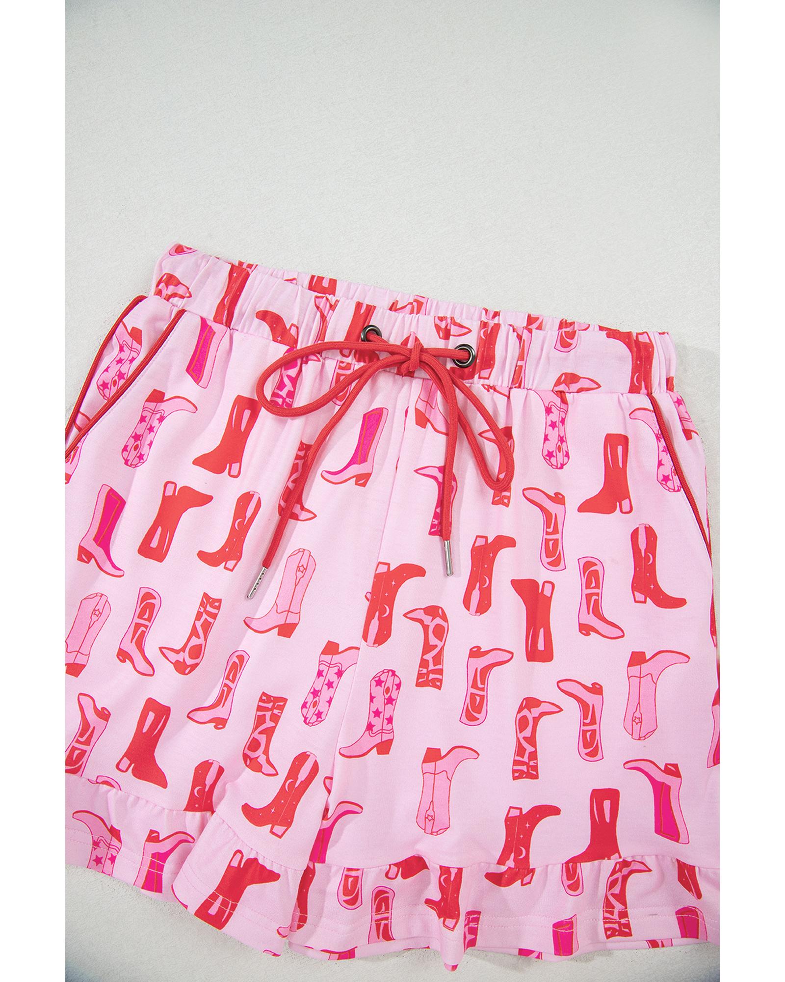 Pink Western Cowgirl Boots Printed Shirt Ruffled Shorts Pajama Set - M