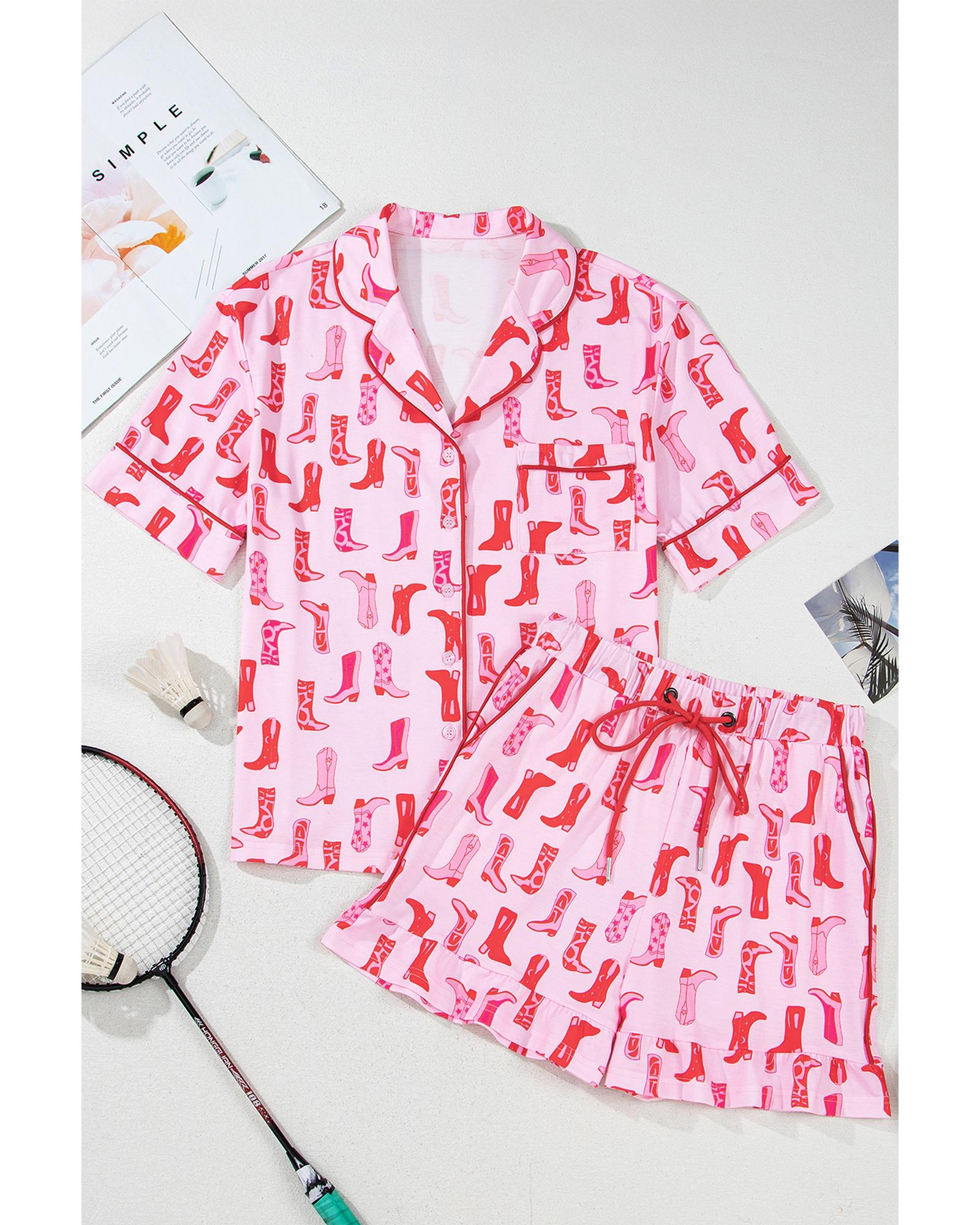 Pink Western Cowgirl Boots Printed Shirt Ruffled Shorts Pajama Set - XL