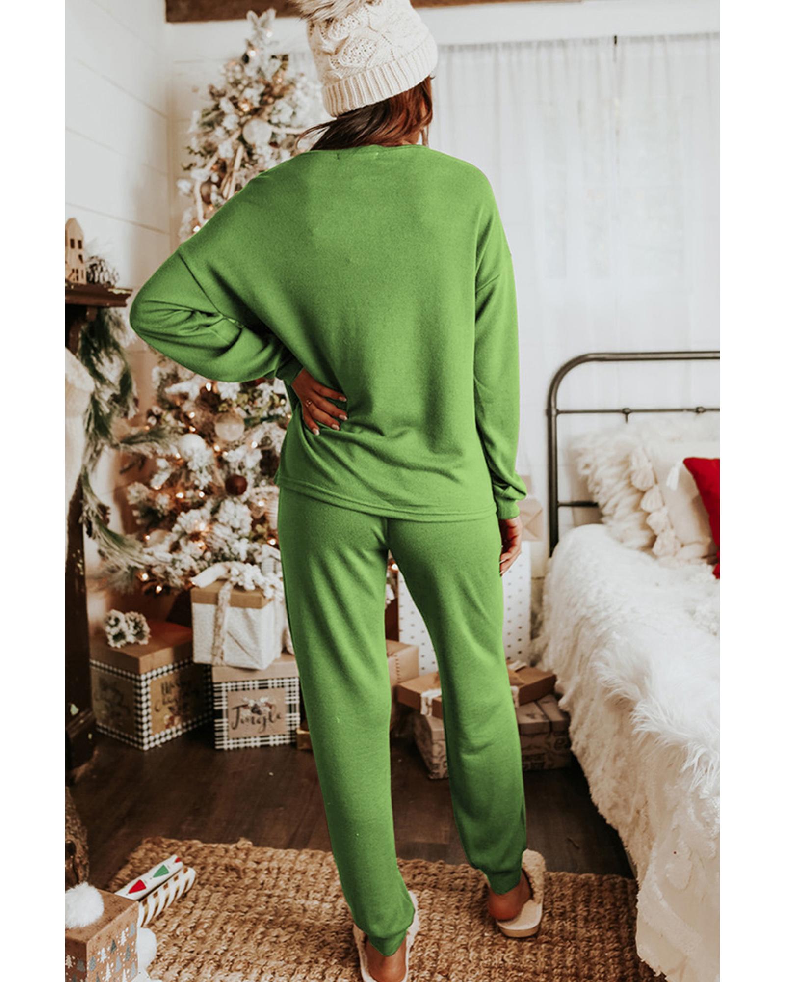 Spinach Green Sequin Christmas Stockings Graphic Two Piece Lounge Set - S