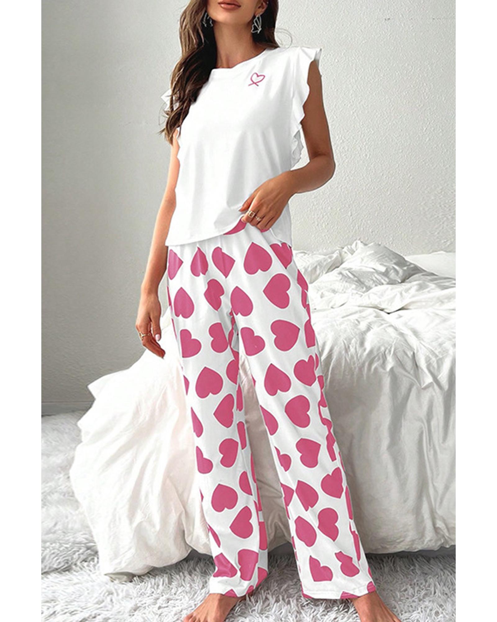 Pink Ruffled Tank Top And Heart Print Pants Lounge Set - 2XL