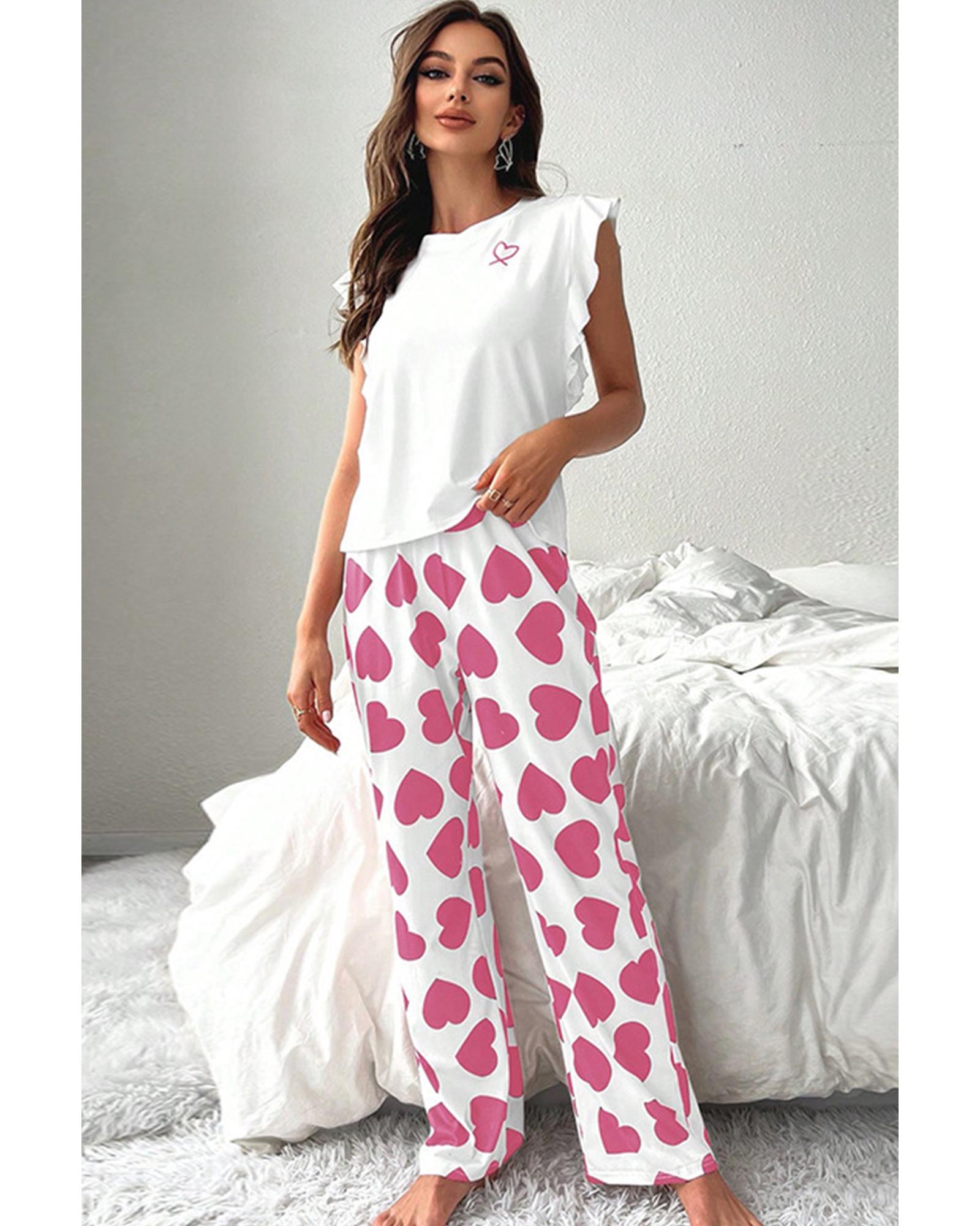 Pink Ruffled Tank Top And Heart Print Pants Lounge Set - M
