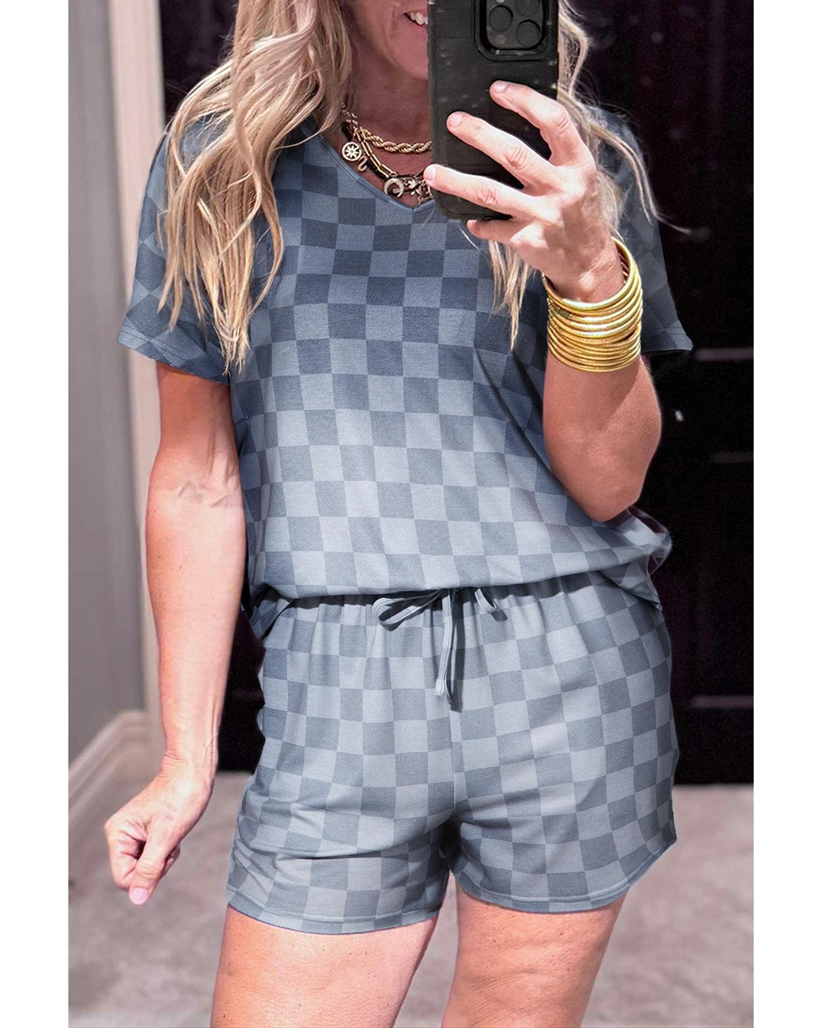 Gray Checkered V Neck Tee Drawstring Shorts Lounge Set - L