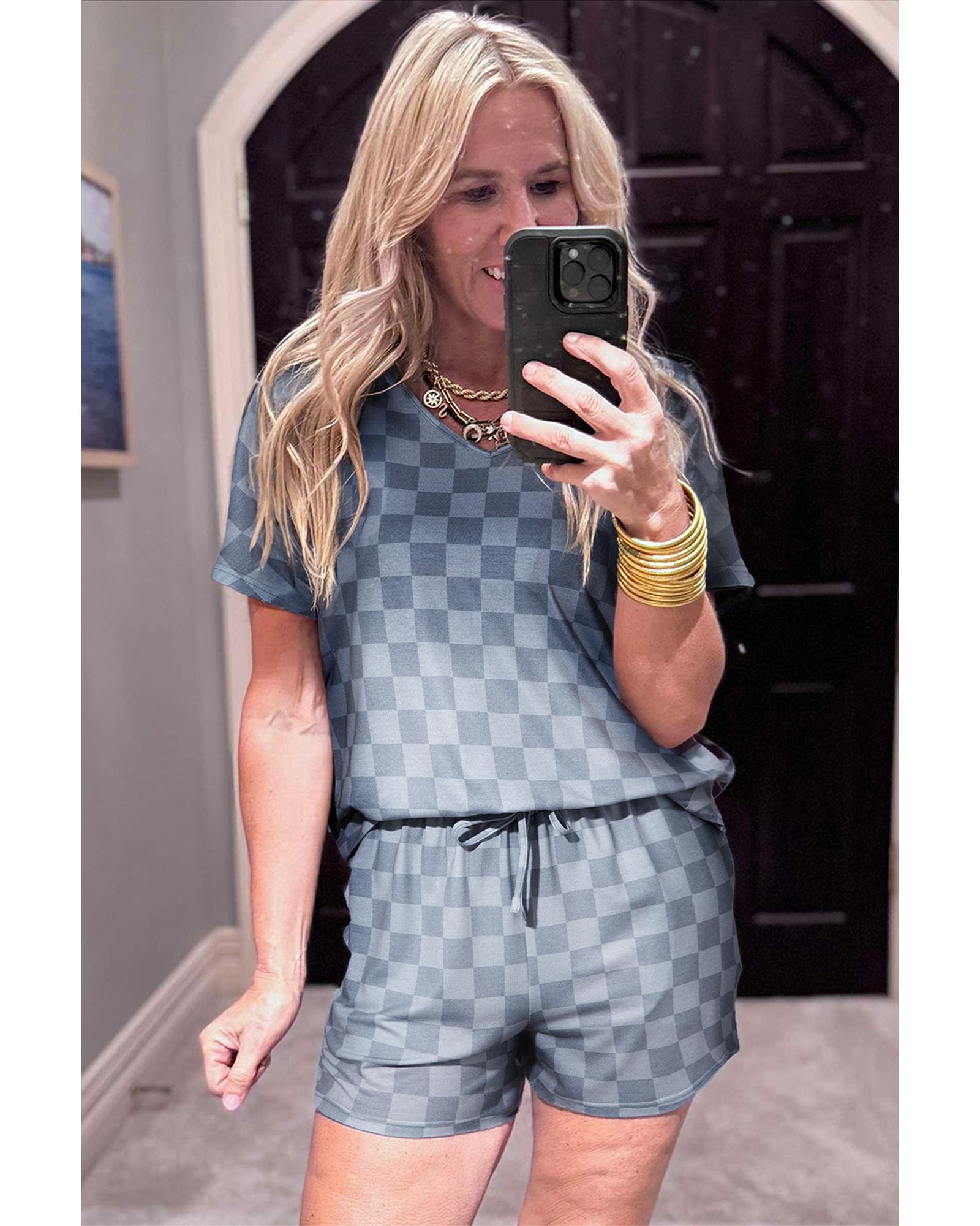 Gray Checkered V Neck Tee Drawstring Shorts Lounge Set - XL