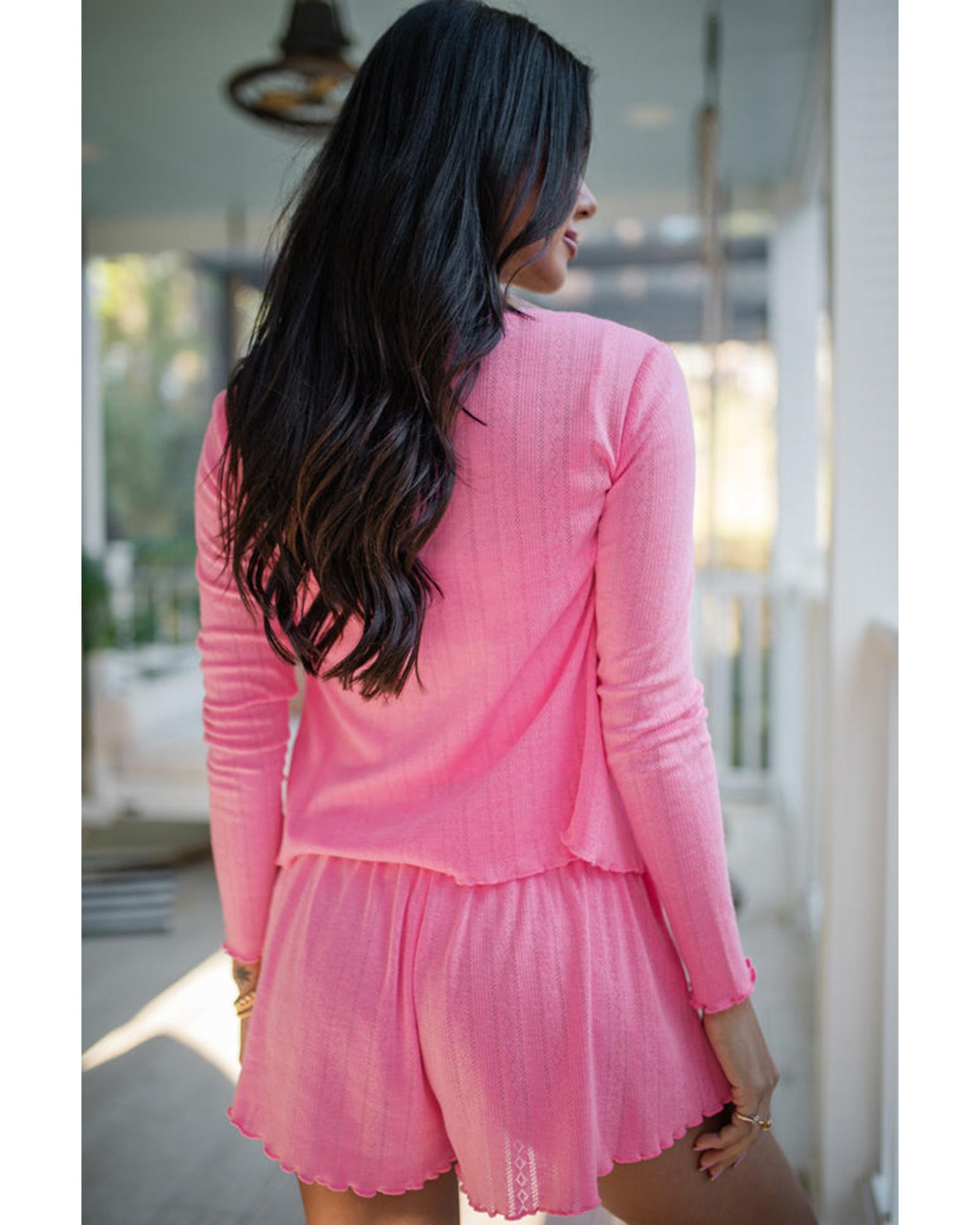 Bonbon Delicate Texture Cropped Cami Shorts and Cardigan 3pcs Lounge Set - L