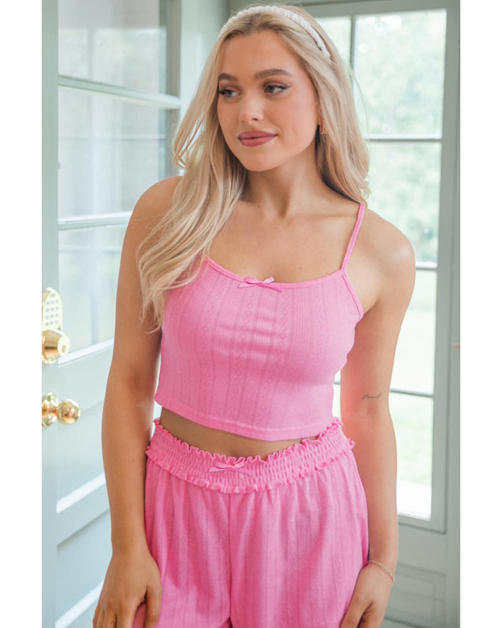 Bonbon Delicate Texture Cropped Cami Shorts and Cardigan 3pcs Lounge Set - S