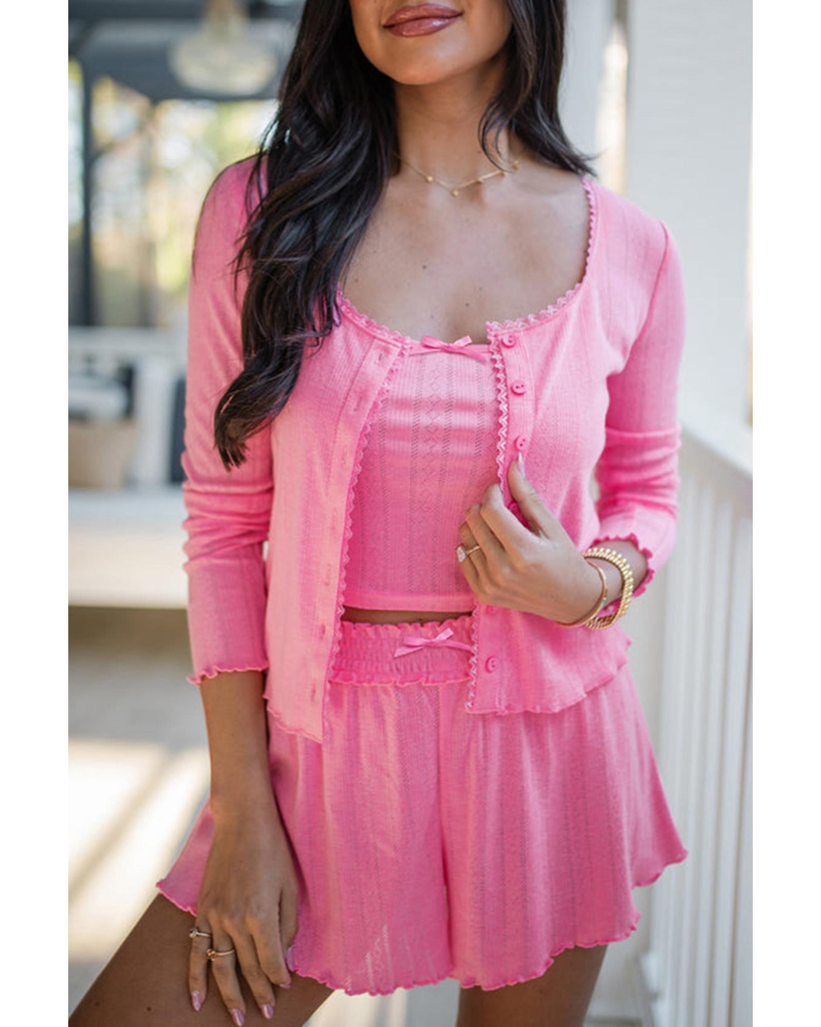 Bonbon Delicate Texture Cropped Cami Shorts and Cardigan 3pcs Lounge Set - XL