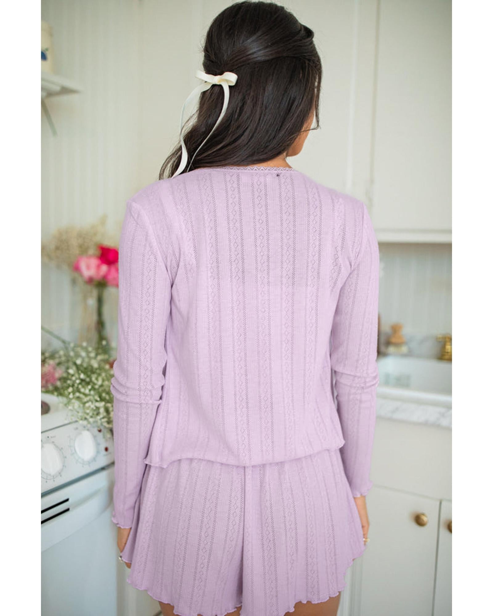 Orchid Petal Delicate Texture Cropped Cami Shorts and Cardigan 3pcs Lounge Set - L