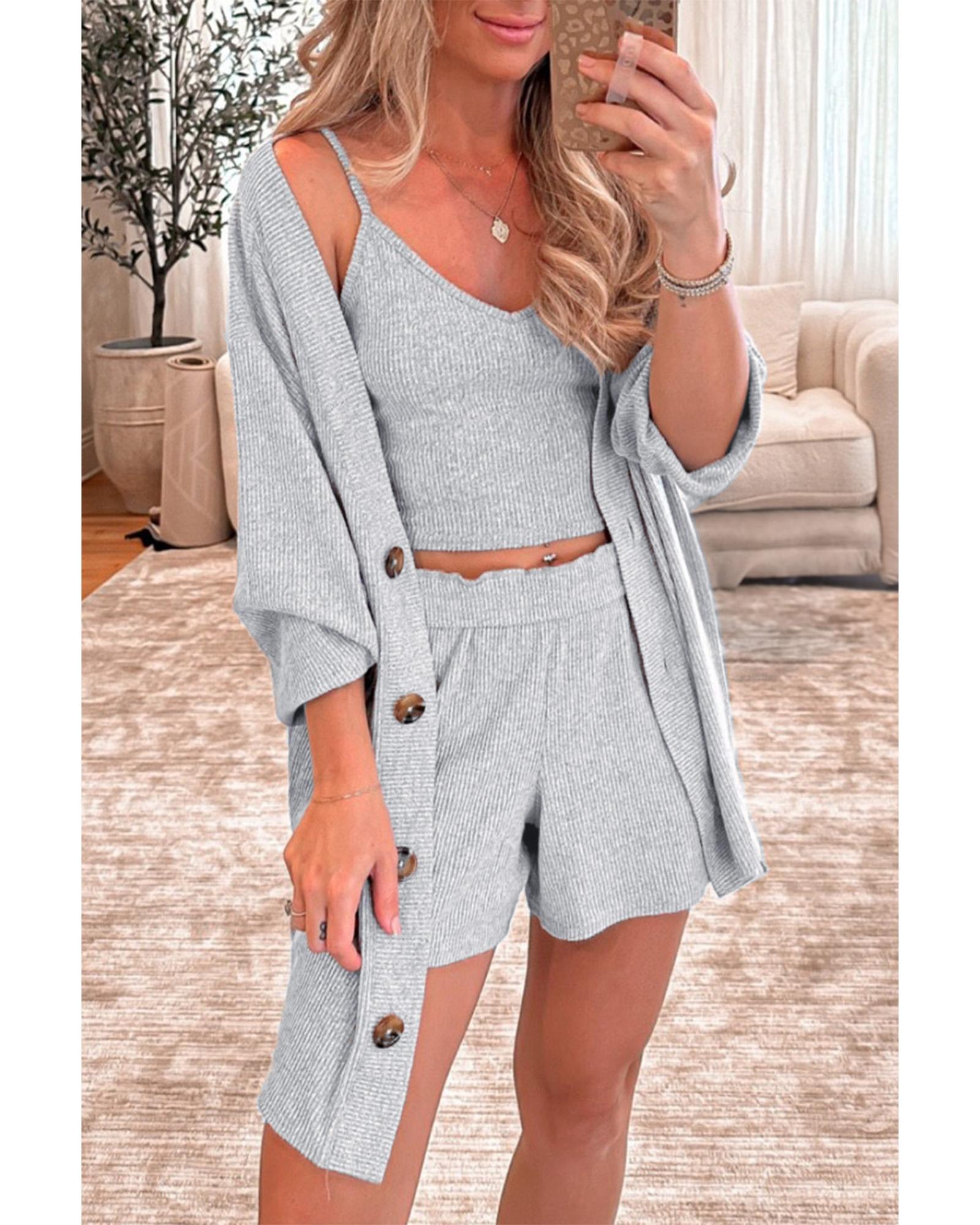 Light Grey 3 Pieces Rib Crop Camisole Matching Shorts Lounge Set with Cardigan - M
