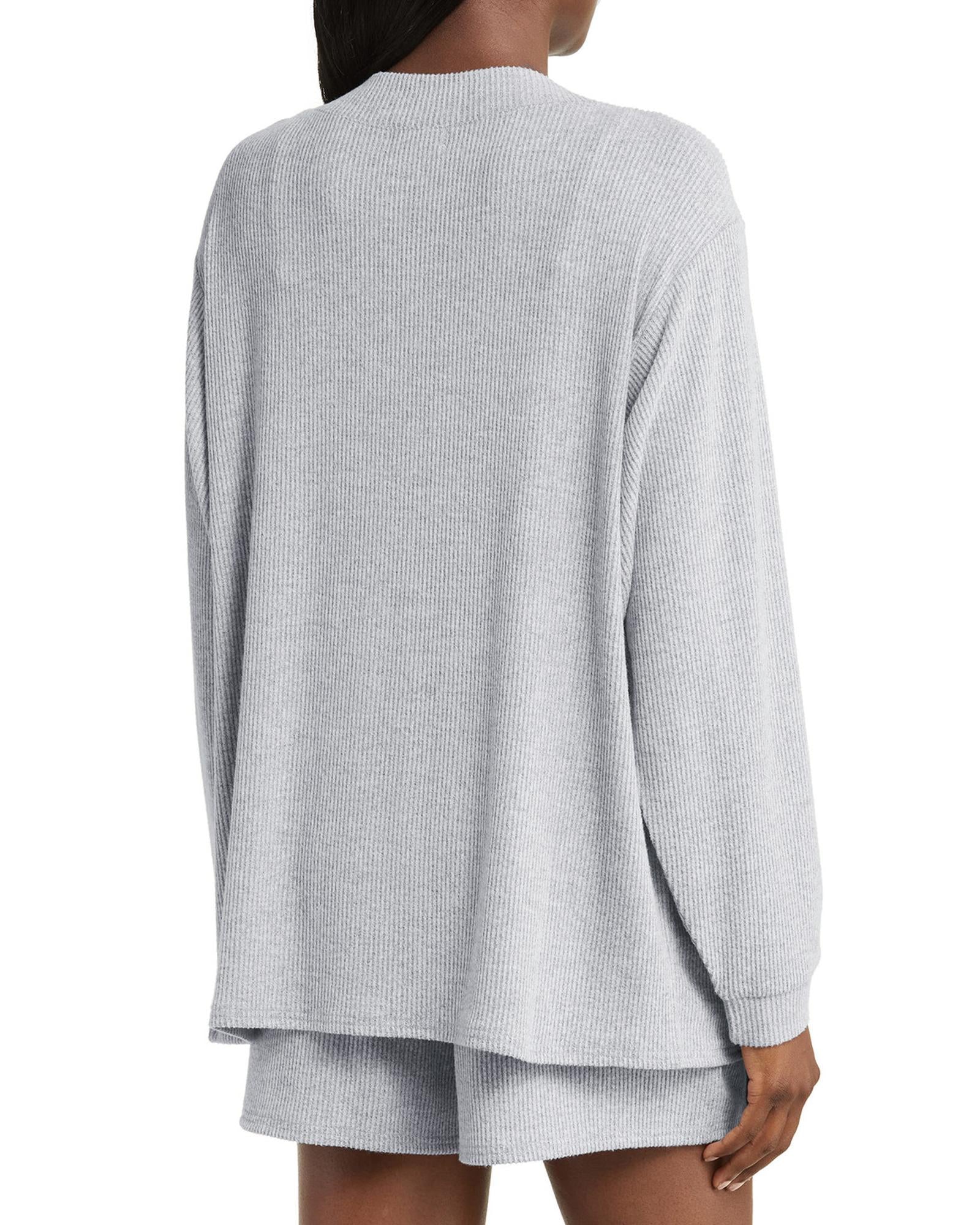 Light Grey 3 Pieces Rib Crop Camisole Matching Shorts Lounge Set with Cardigan - M