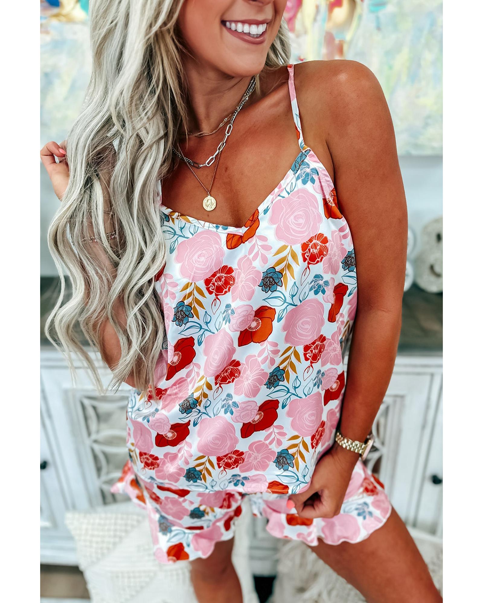 Multicolour Floral V Neck Cami Top and Ruffled Shorts Lounge Set - M