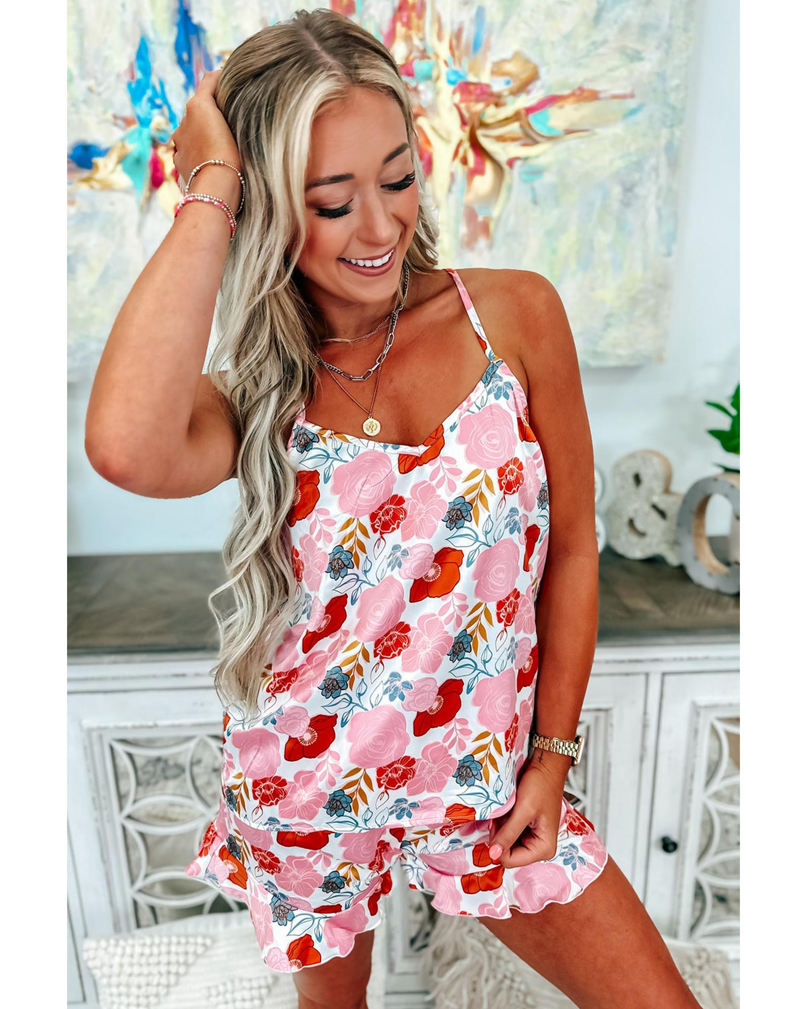 Multicolour Floral V Neck Cami Top and Ruffled Shorts Lounge Set - M