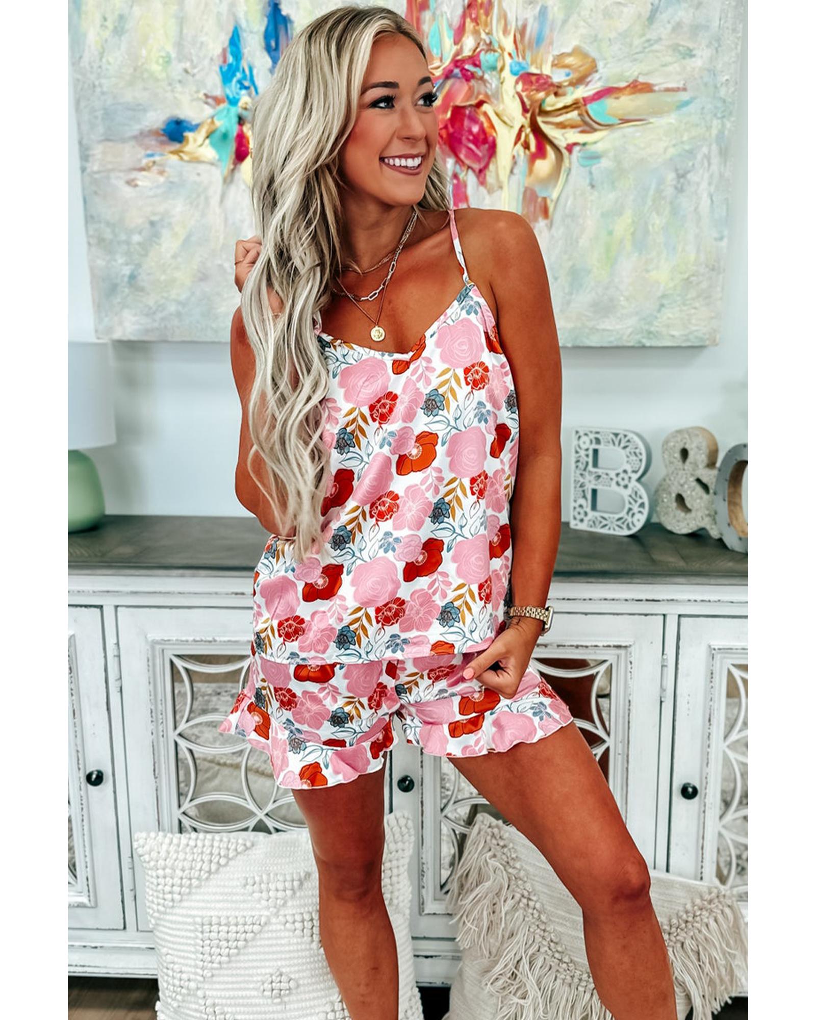 Multicolour Floral V Neck Cami Top and Ruffled Shorts Lounge Set - M
