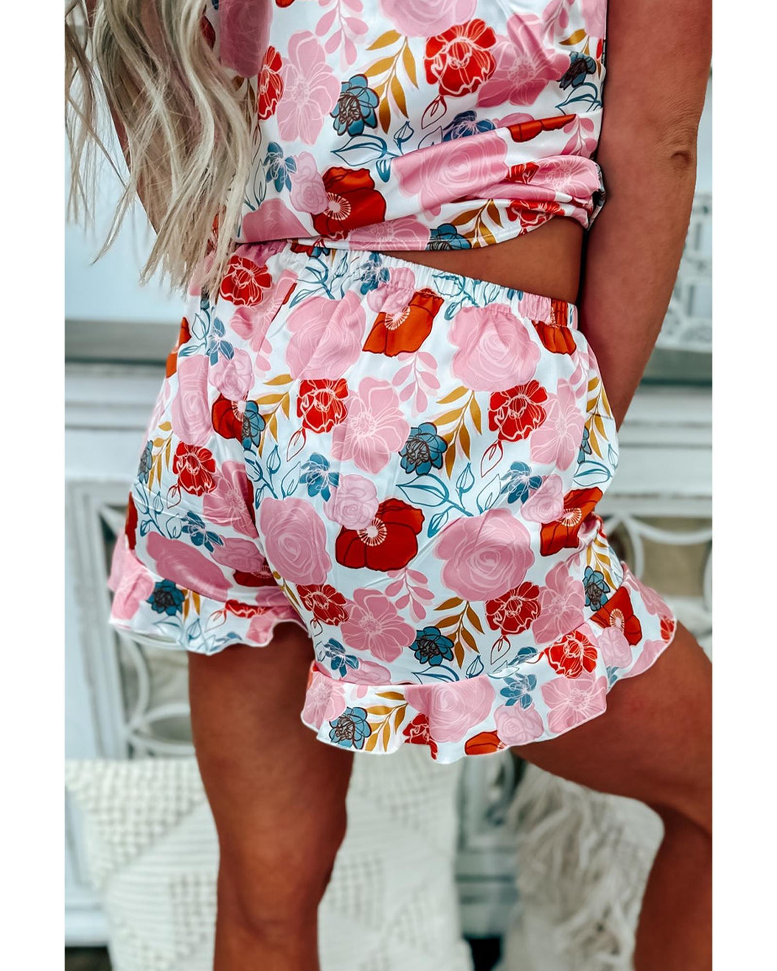 Multicolour Floral V Neck Cami Top and Ruffled Shorts Lounge Set - M