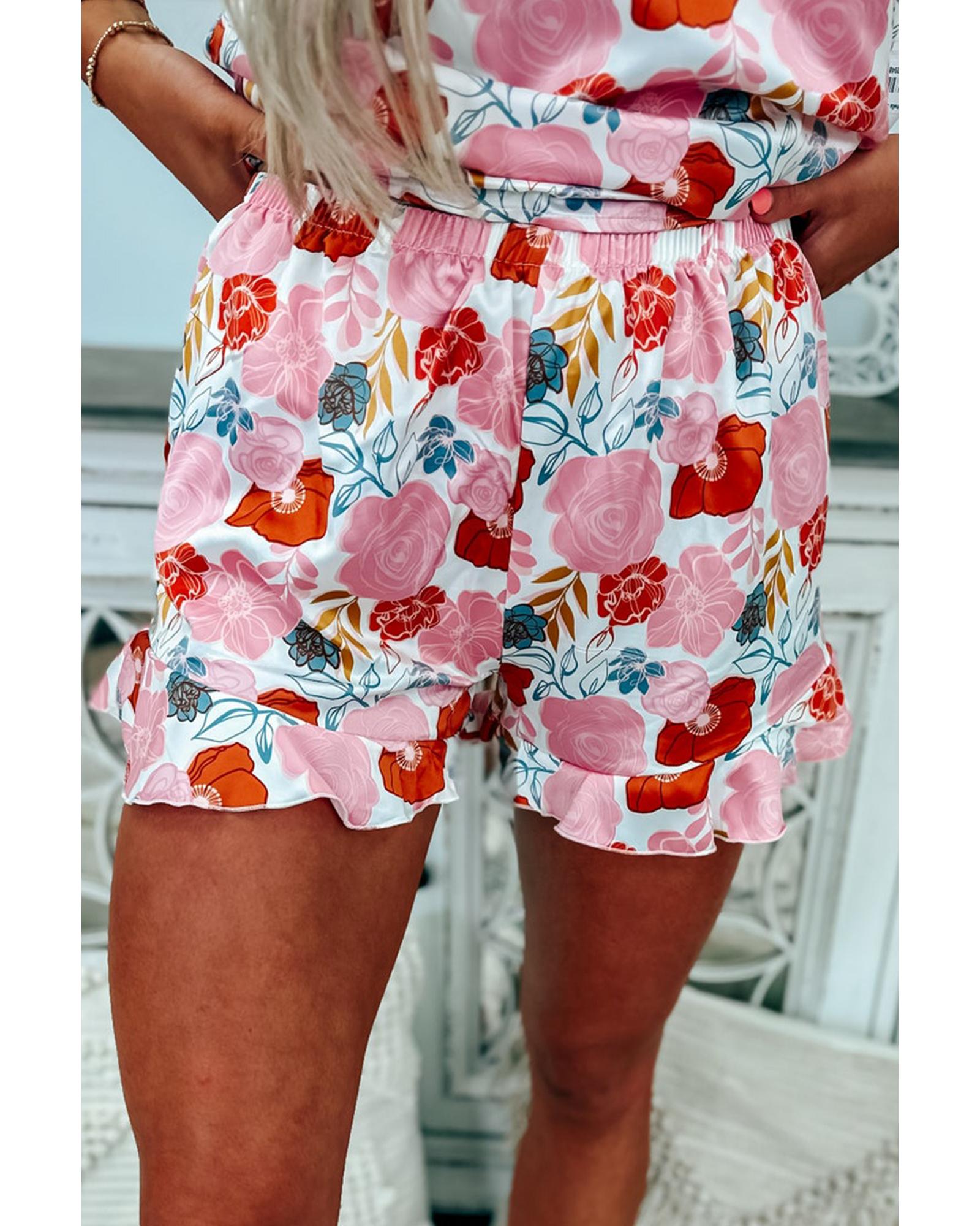 Multicolour Floral V Neck Cami Top and Ruffled Shorts Lounge Set - M