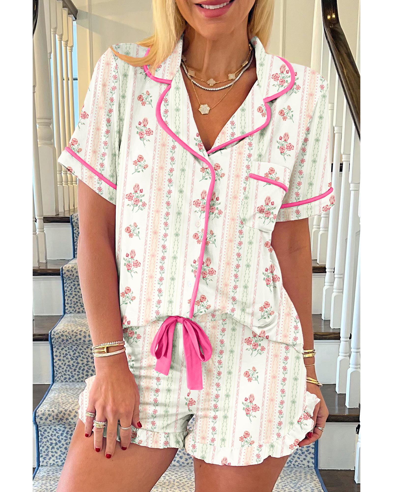 Beige Floral Print Contrast Pipping Short Pajamas Set - L