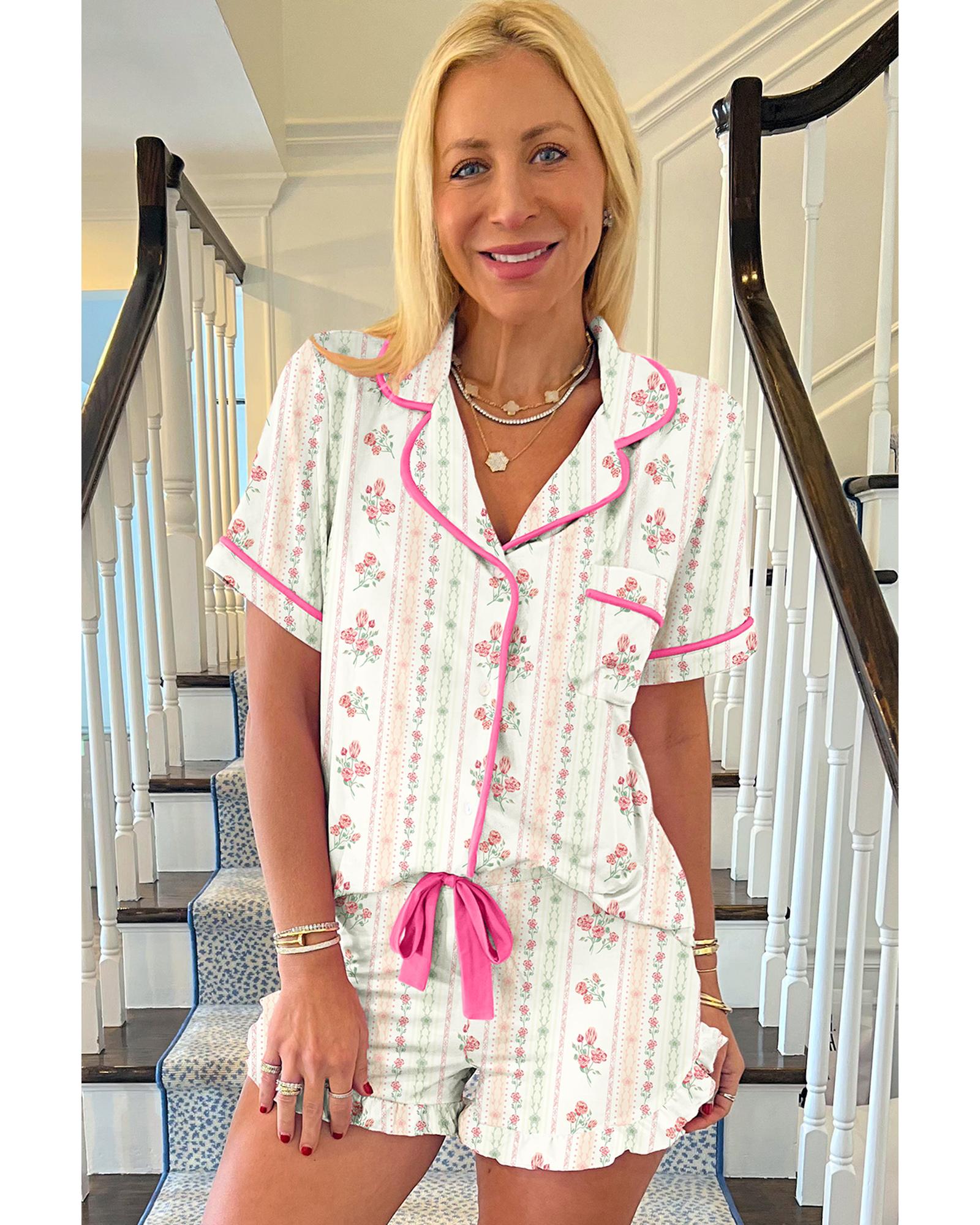 Beige Floral Print Contrast Pipping Short Pajamas Set - S