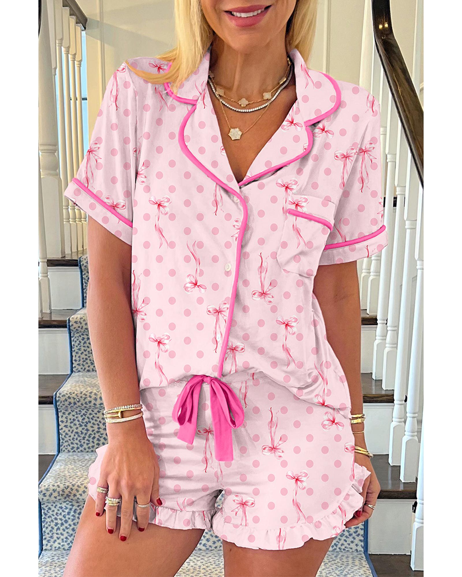 Pink Bow Print Contrast Pipping Short Pajamas Set - M