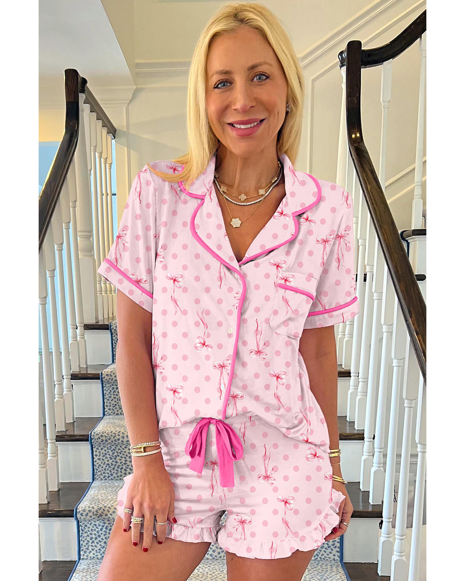 Pink Bow Print Contrast Pipping Short Pajamas Set - M