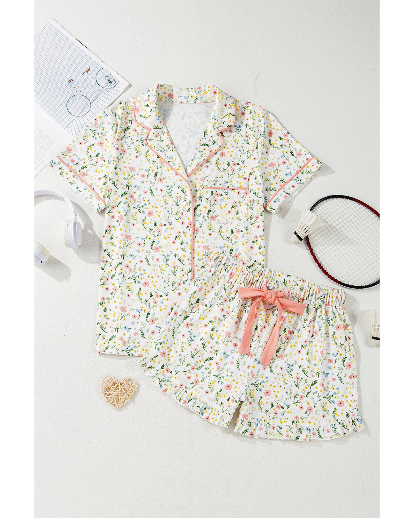 White Floral Print Contrast Pipping Short Pajamas Set - L