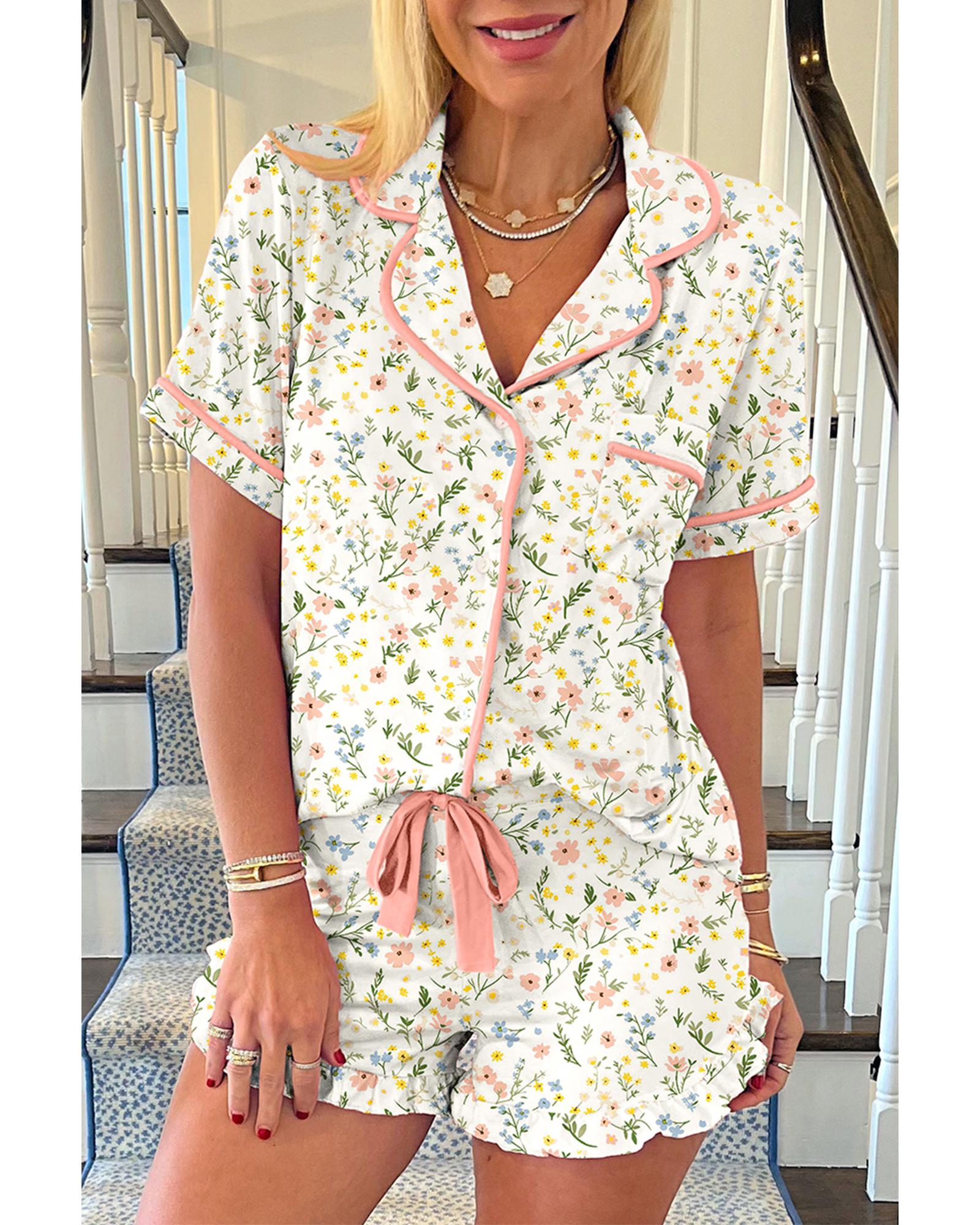 White Floral Print Contrast Pipping Short Pajamas Set - S