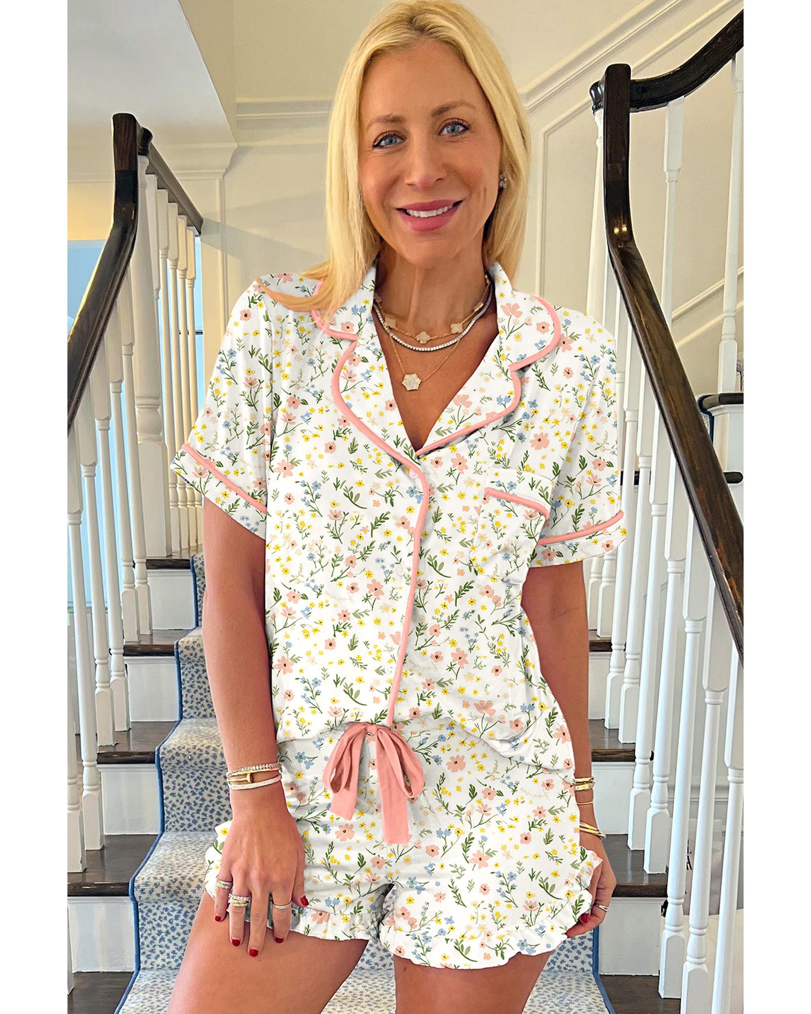 White Floral Print Contrast Pipping Short Pajamas Set - S