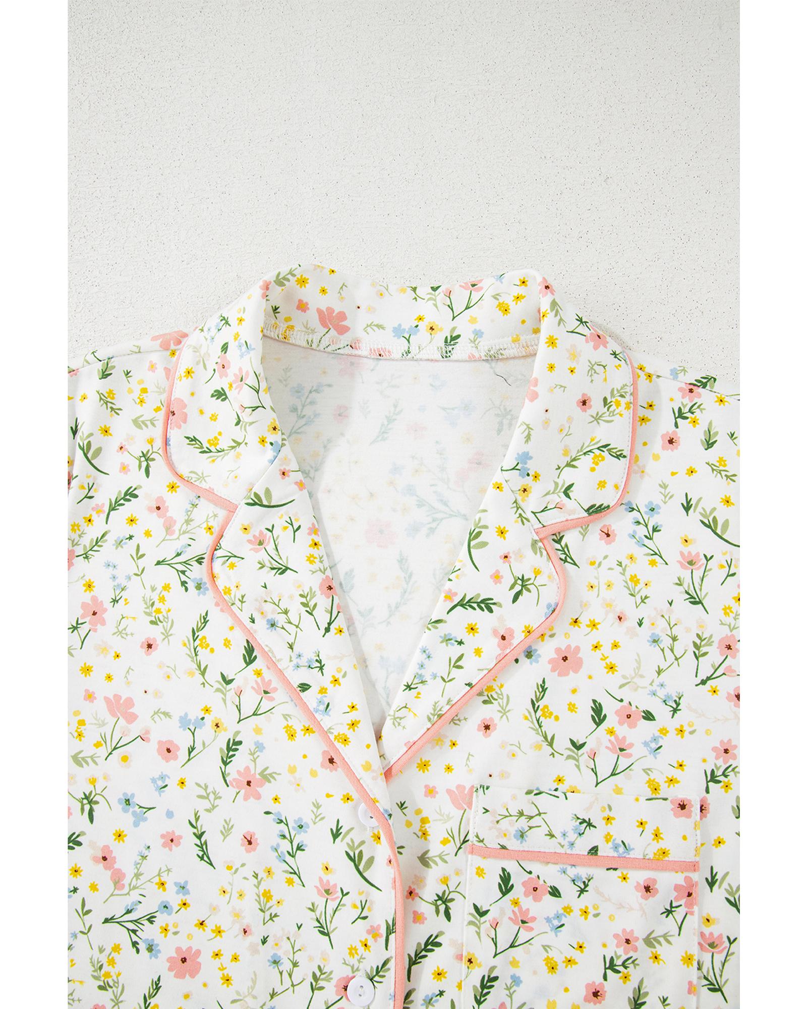 White Floral Print Contrast Pipping Short Pajamas Set - S