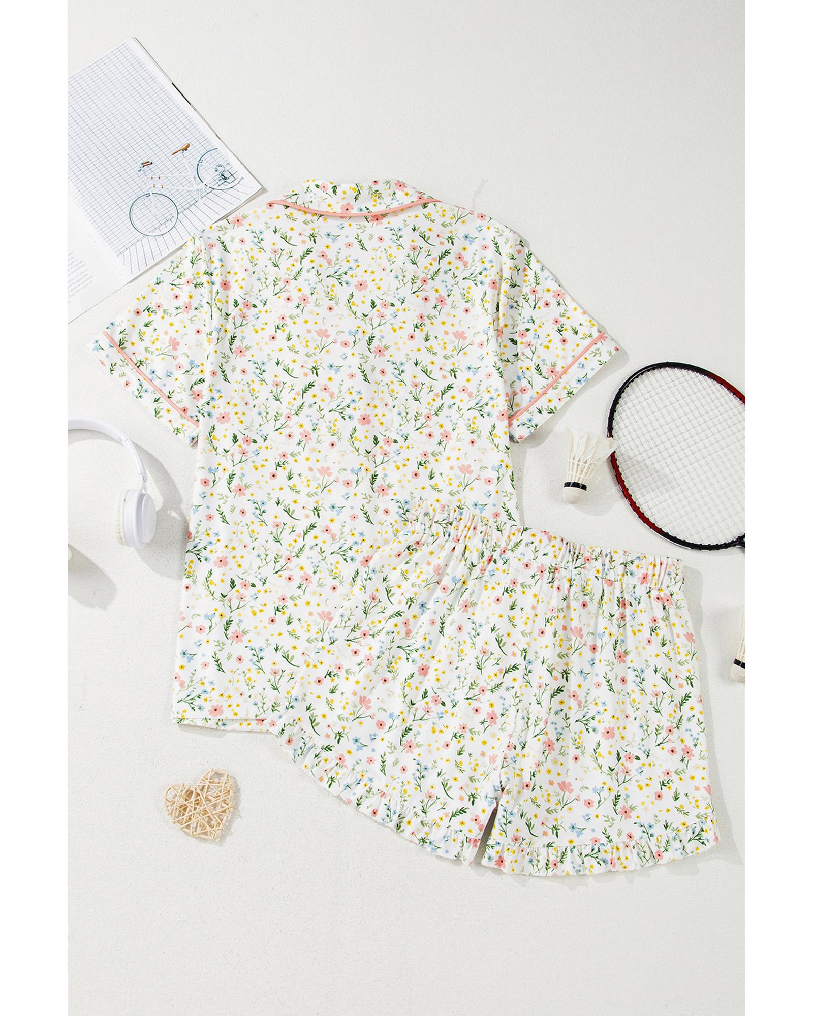 White Floral Print Contrast Pipping Short Pajamas Set - S
