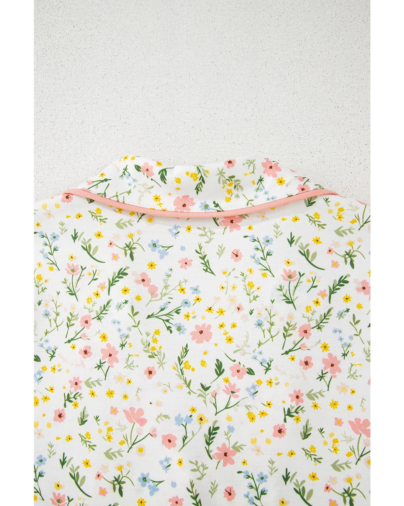 White Floral Print Contrast Pipping Short Pajamas Set - S