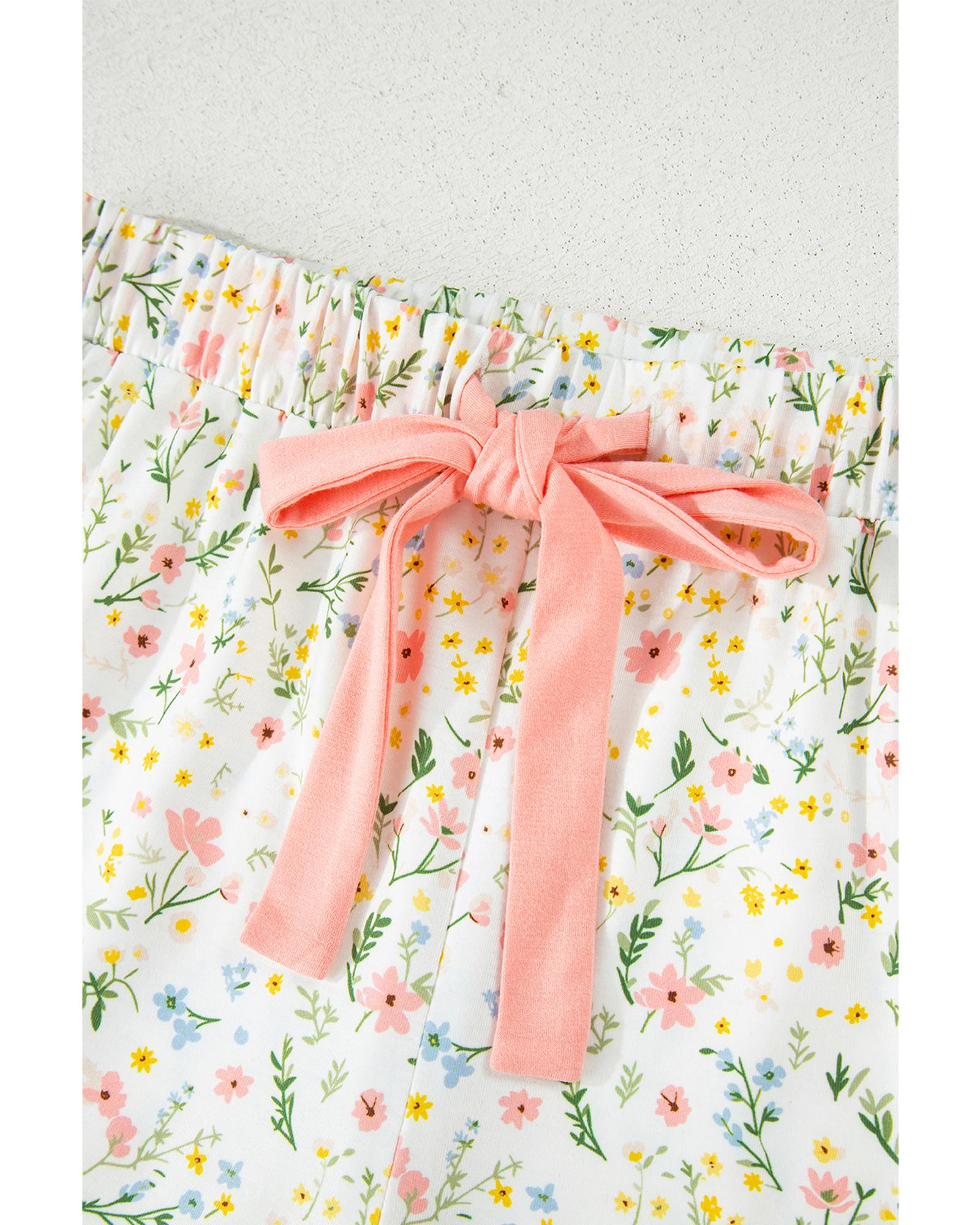 White Floral Print Contrast Pipping Short Pajamas Set - S