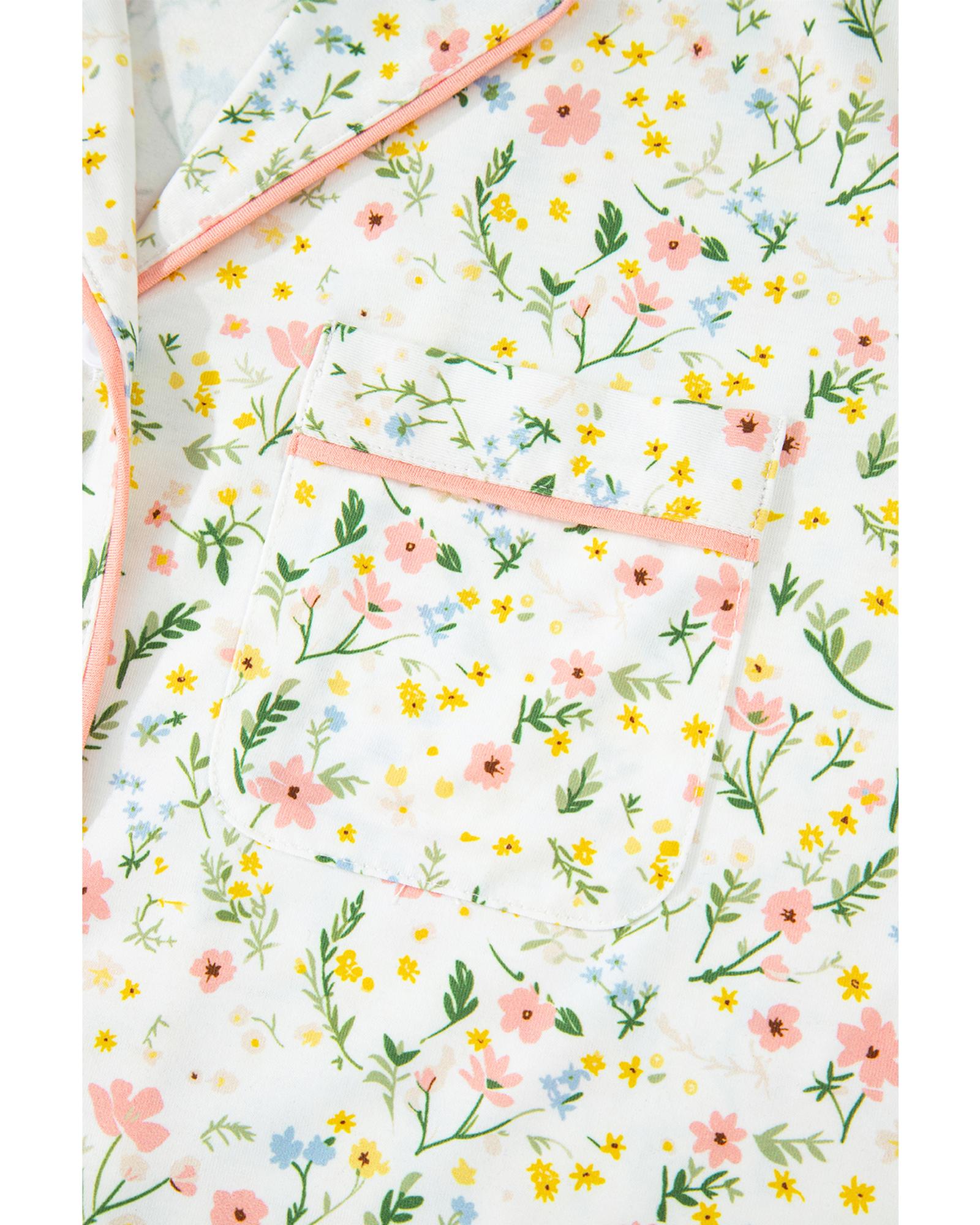 White Floral Print Contrast Pipping Short Pajamas Set - S