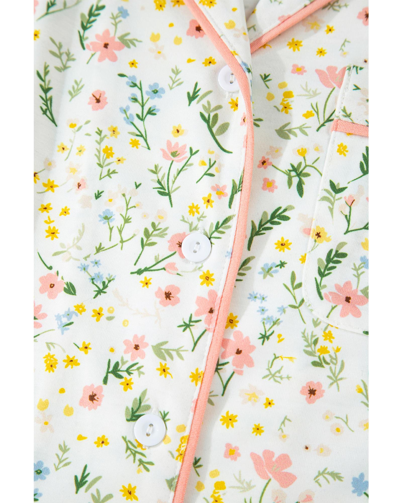 White Floral Print Contrast Pipping Short Pajamas Set - S