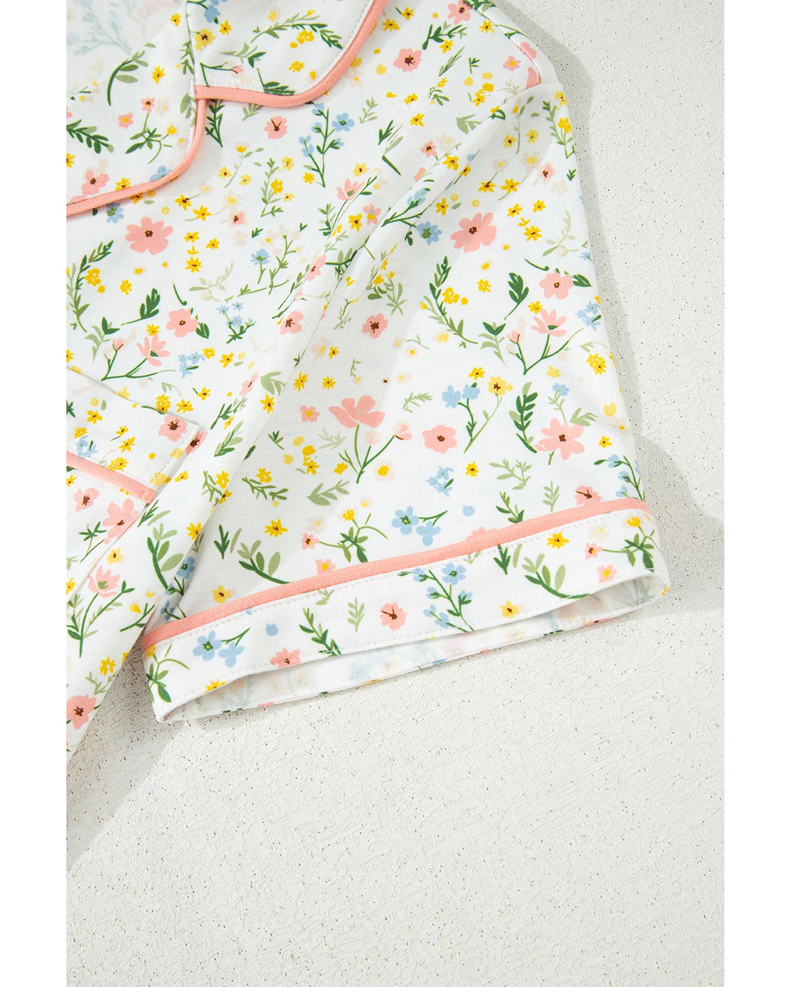 White Floral Print Contrast Pipping Short Pajamas Set - S