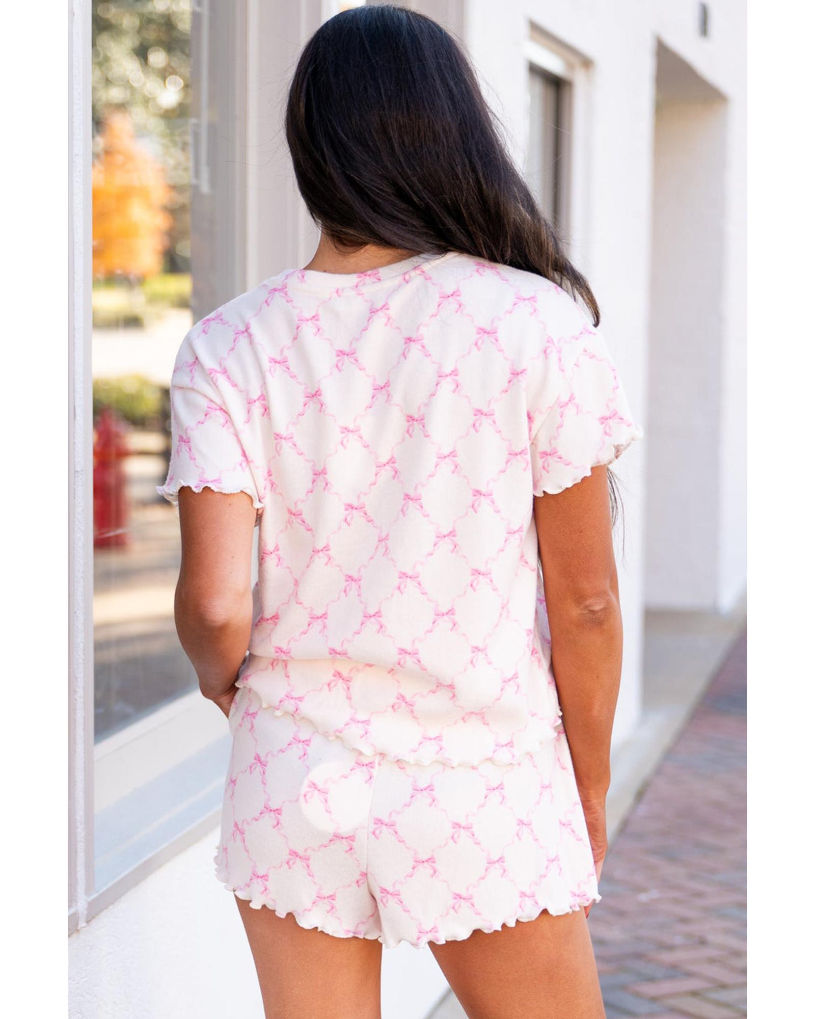 Pink Bow Knot Geometric Print Lettuce Trim Two Piece Lounge Set - L