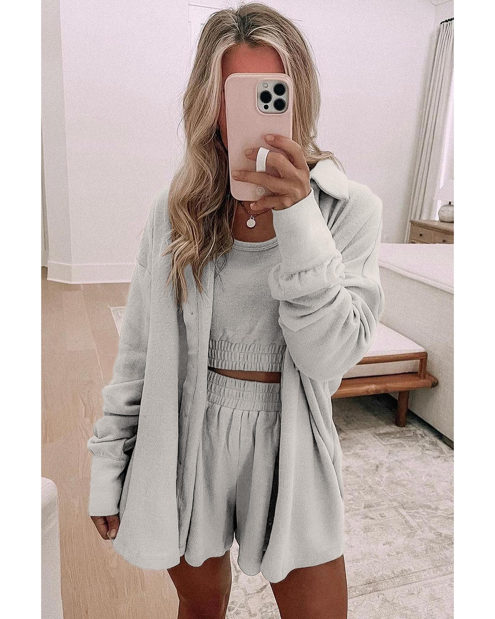 Gray 3 Pcs Crop Tank Top Shorts with Cardigan Lounge Set - S