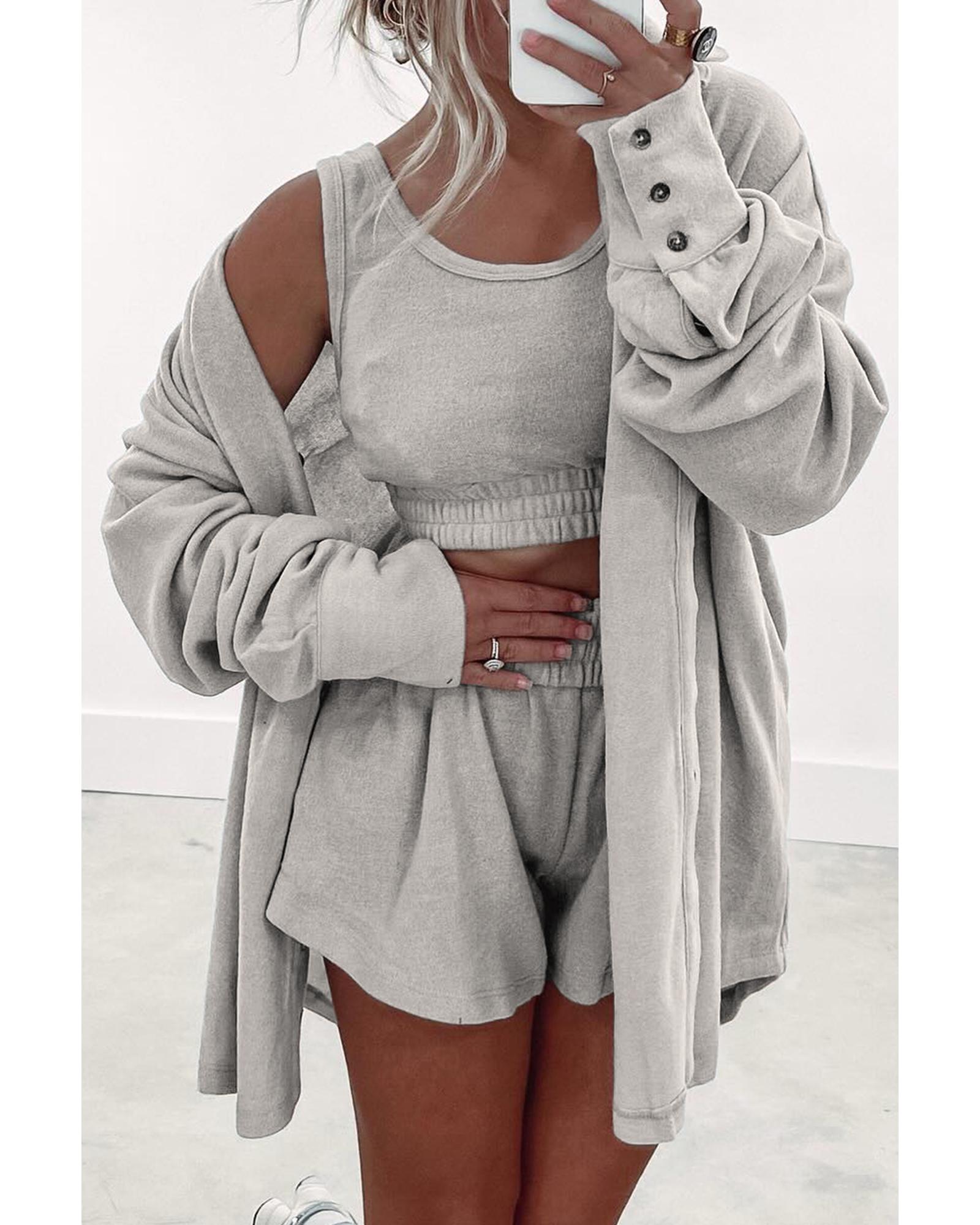 Gray 3 Pcs Crop Tank Top Shorts with Cardigan Lounge Set - XL