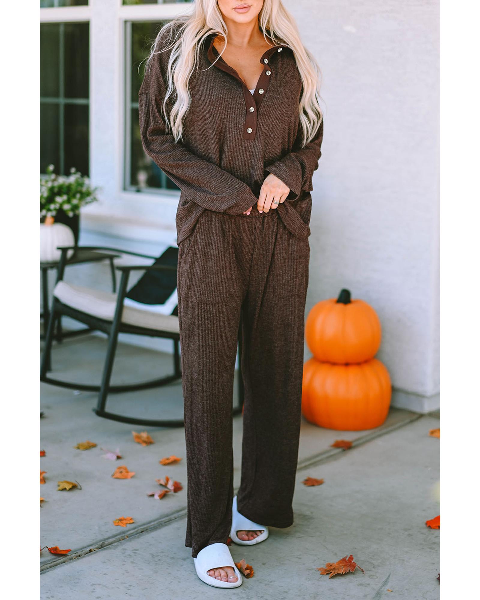 Brown Ribbed Knit Collared Henley Top and Pants Lounge Outfit - L