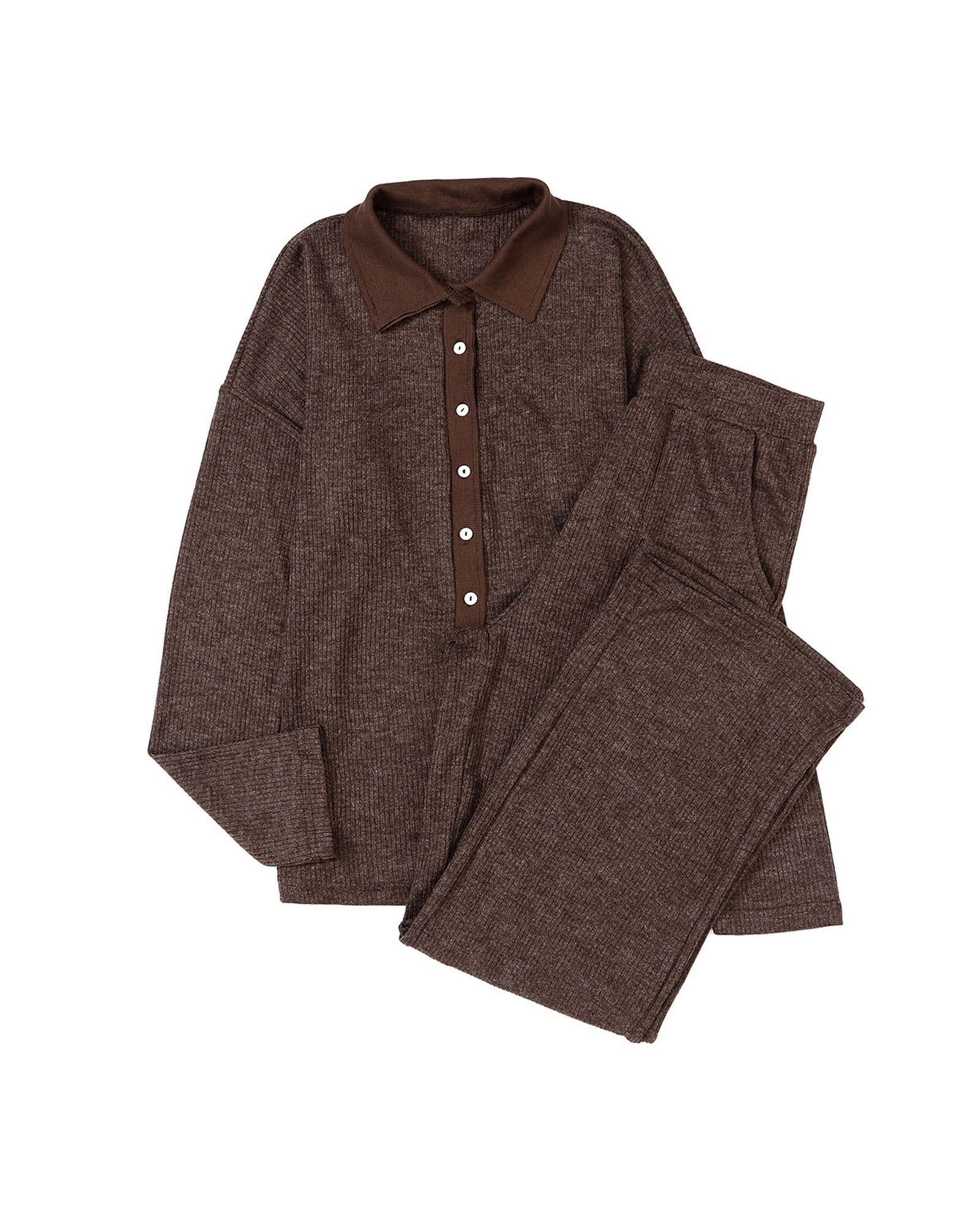 Brown Ribbed Knit Collared Henley Top and Pants Lounge Outfit - L