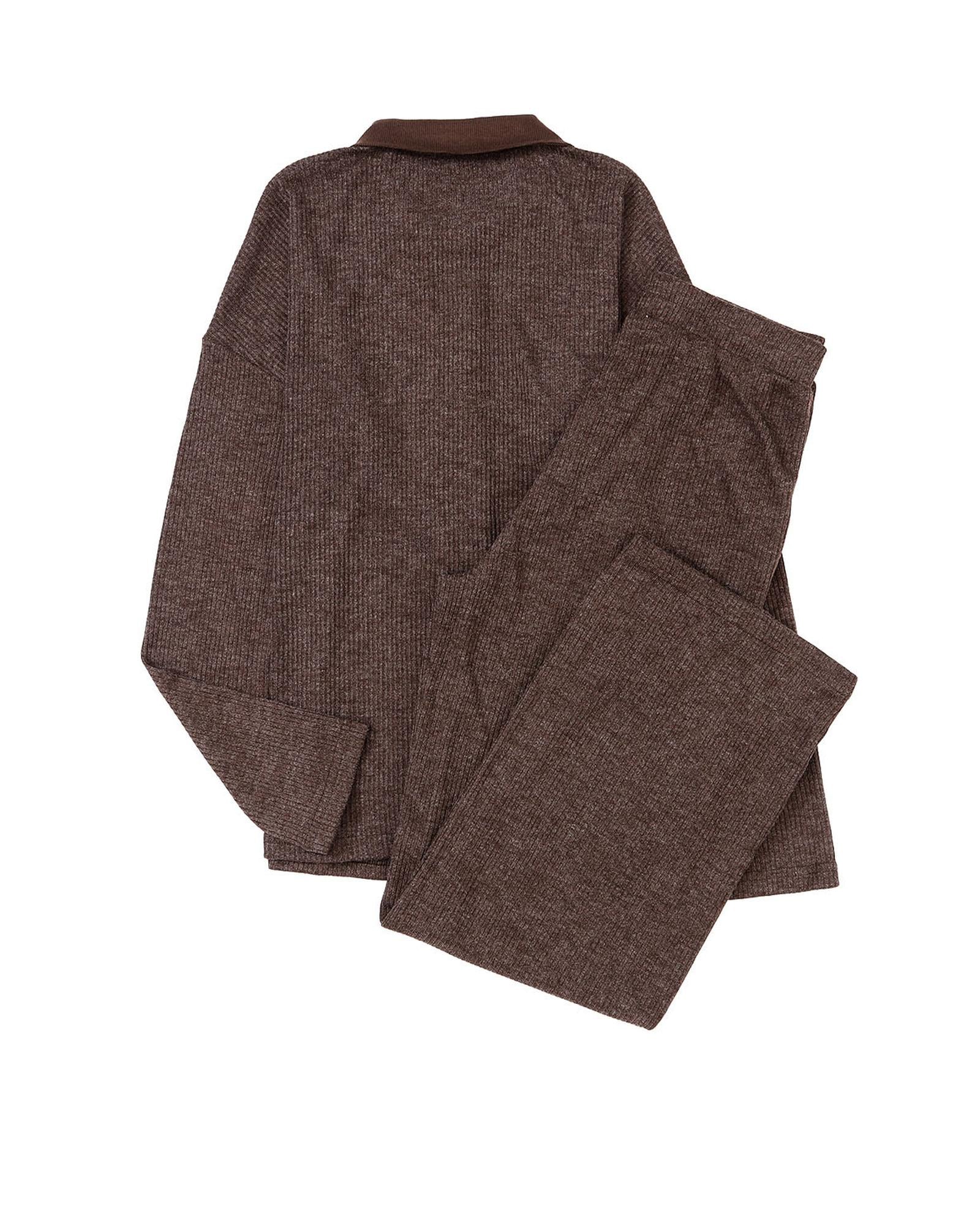Brown Ribbed Knit Collared Henley Top and Pants Lounge Outfit - L
