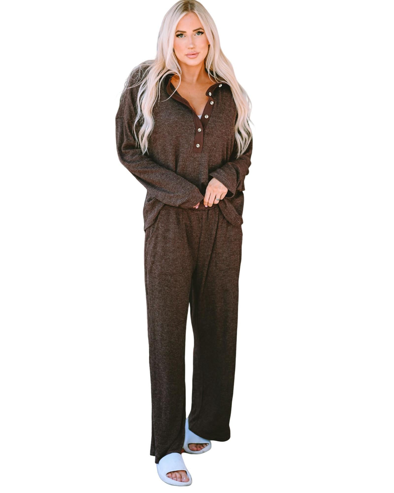 Brown Ribbed Knit Collared Henley Top and Pants Lounge Outfit - S
