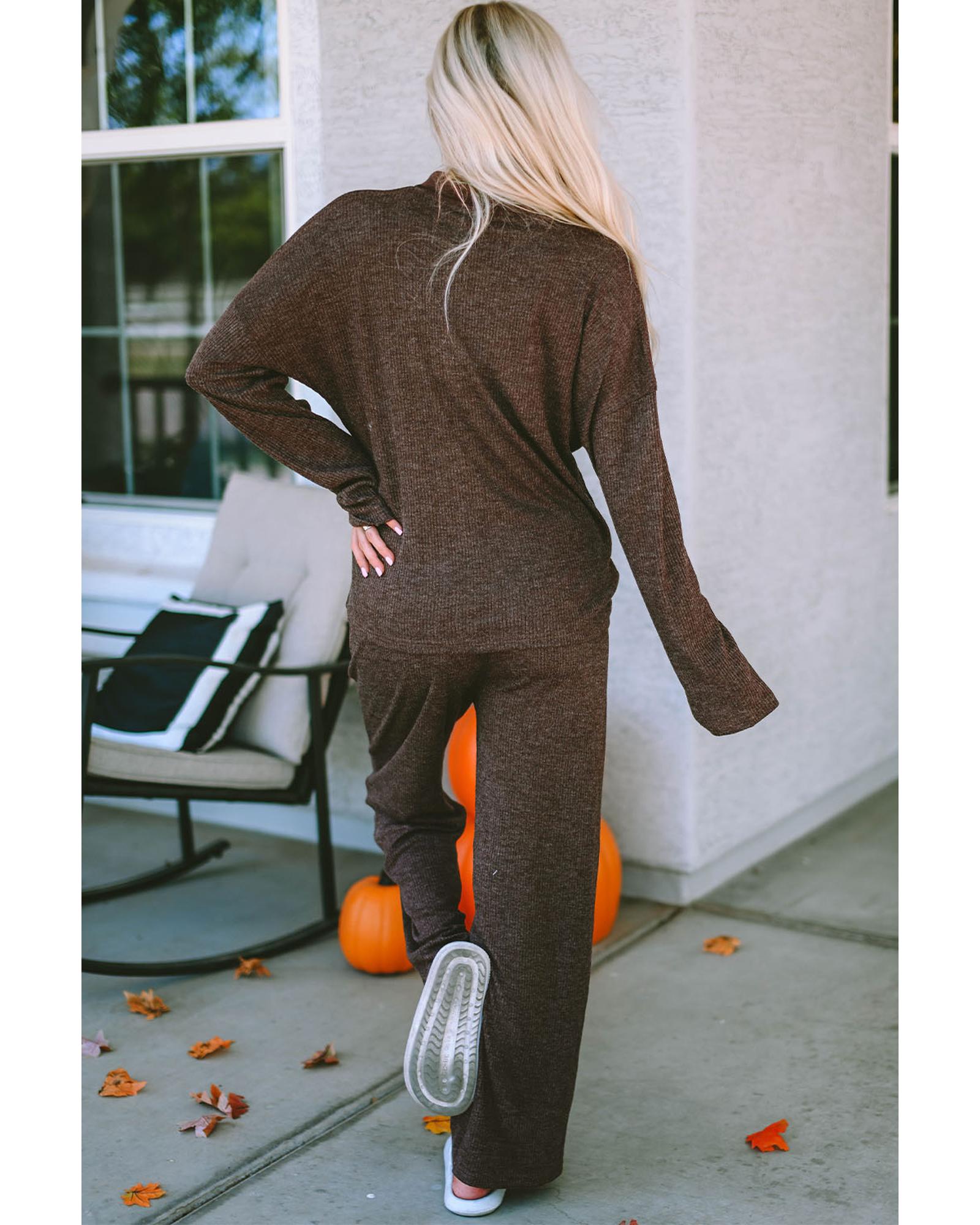 Brown Ribbed Knit Collared Henley Top and Pants Lounge Outfit - S