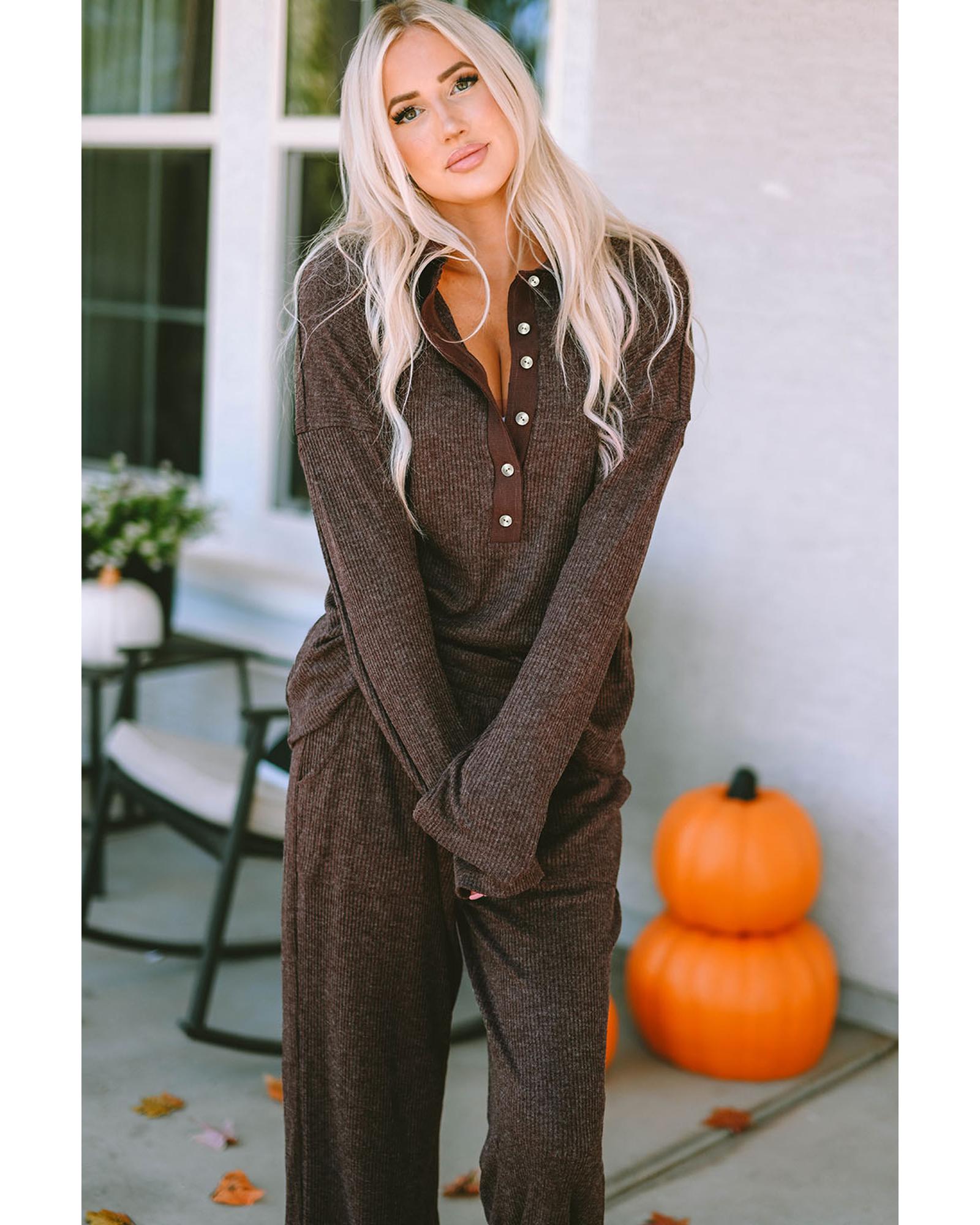 Brown Ribbed Knit Collared Henley Top and Pants Lounge Outfit - S
