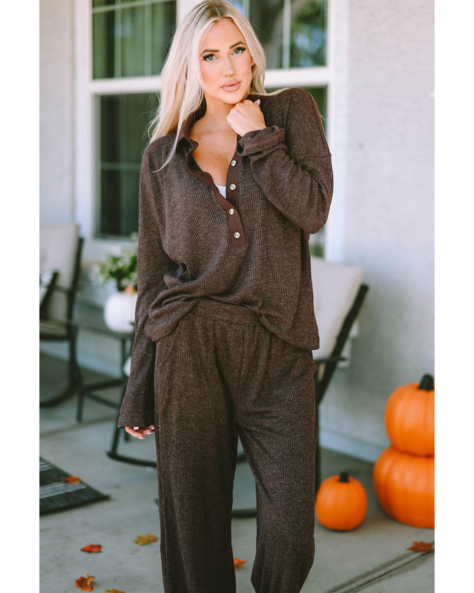 Brown Ribbed Knit Collared Henley Top and Pants Lounge Outfit - XL