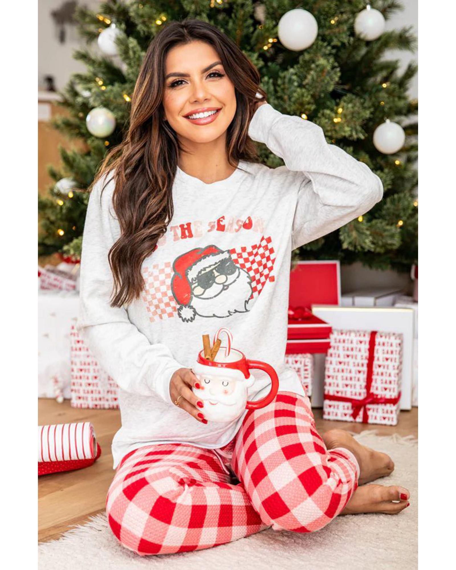 Multicolor Christmas Claus Graphic Top Plaid Pants Lounge Set - S