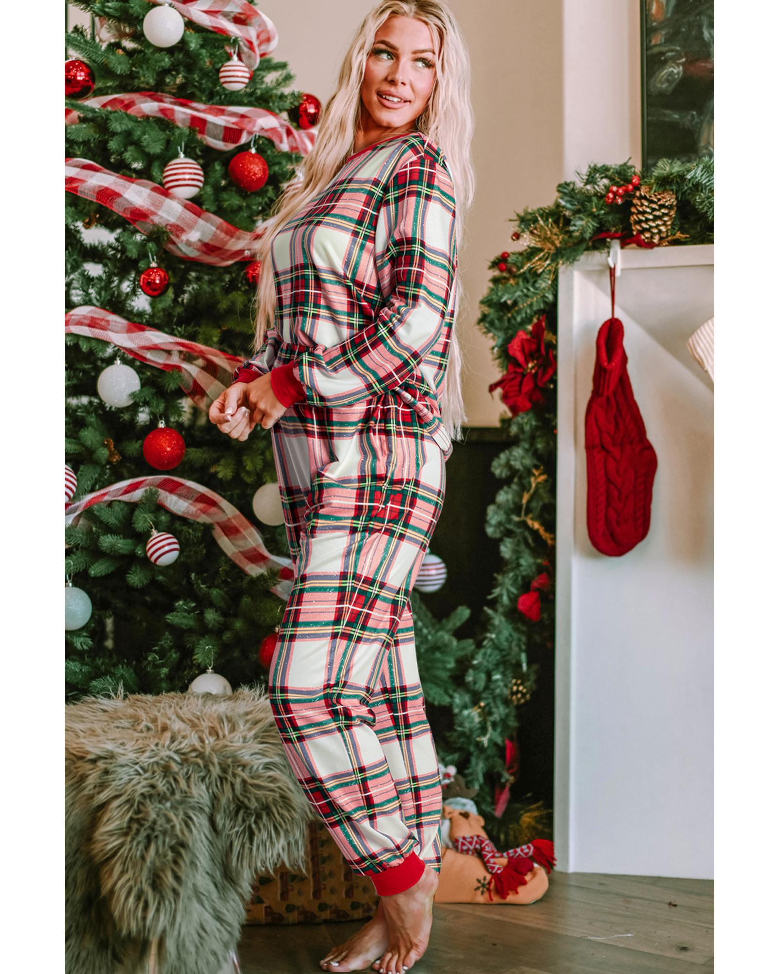 Red Christmas Plaid Allover Top and Pants Lounge Set - 2XL