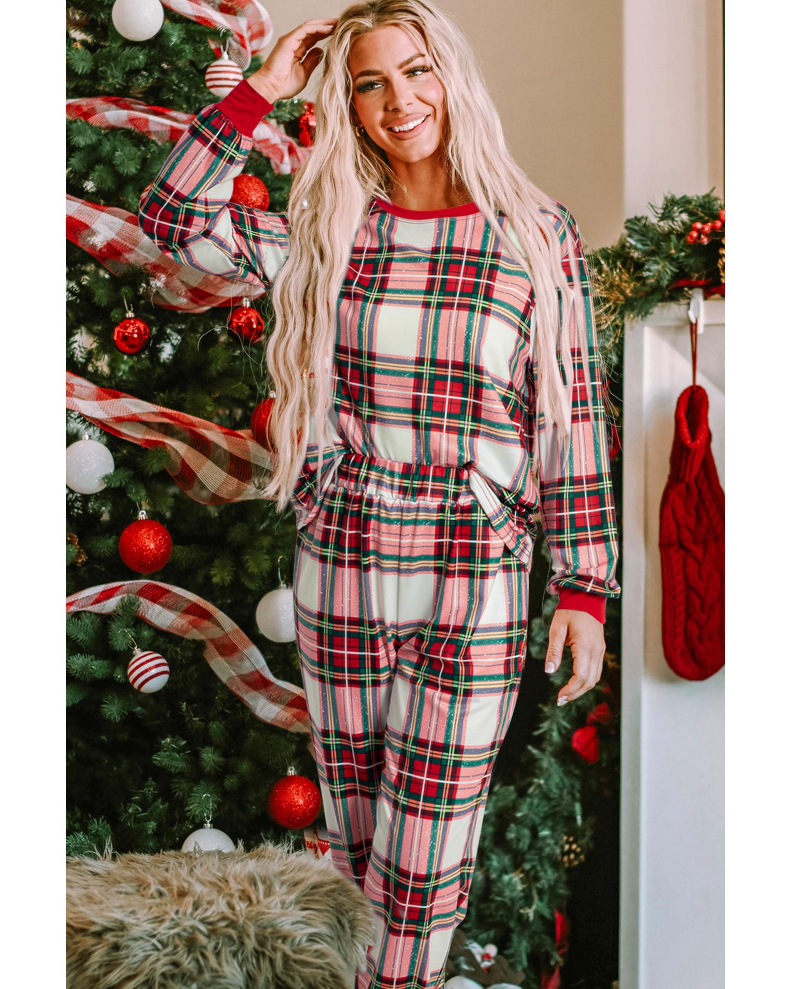 Red Christmas Plaid Allover Top and Pants Lounge Set - 2XL