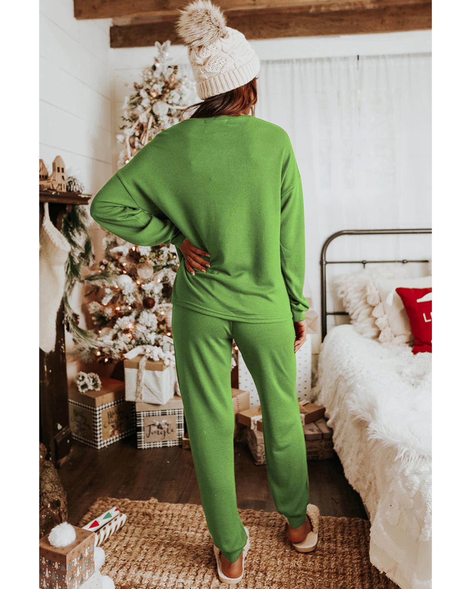 Spinach Green Sequined Christmas Cane Pattern Lounge Sweatsuit - L