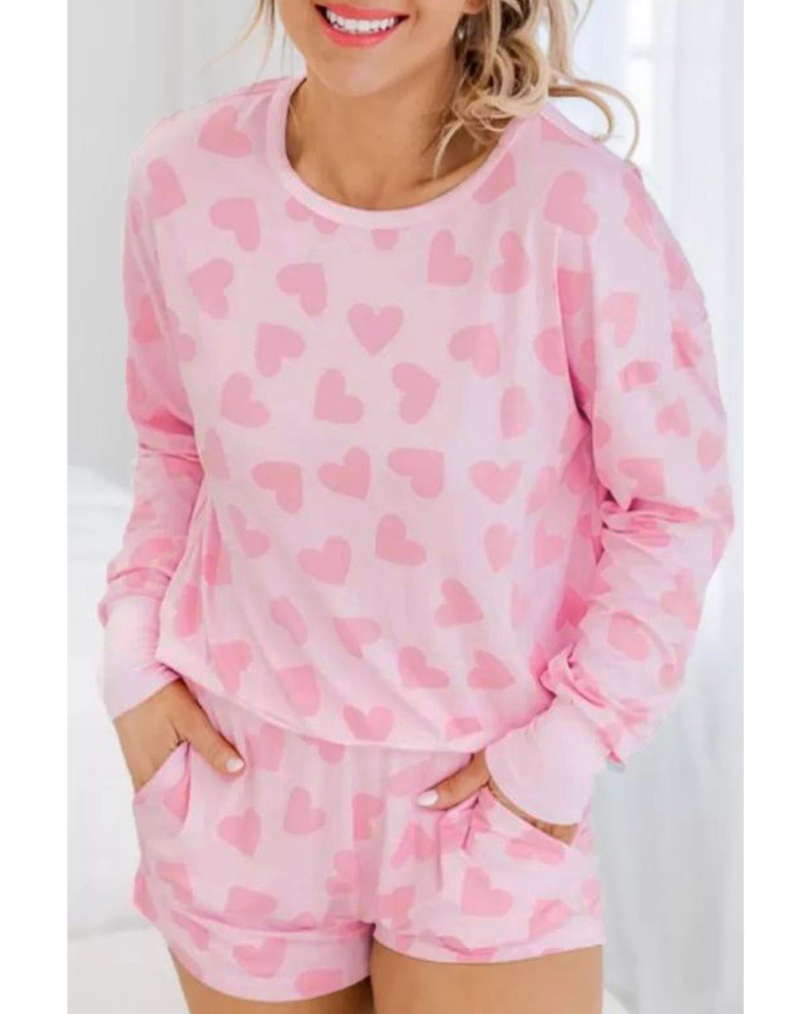 Pink Valentine Heart Shape Print Long Sleeve Top Shorts Lounge Set - S
