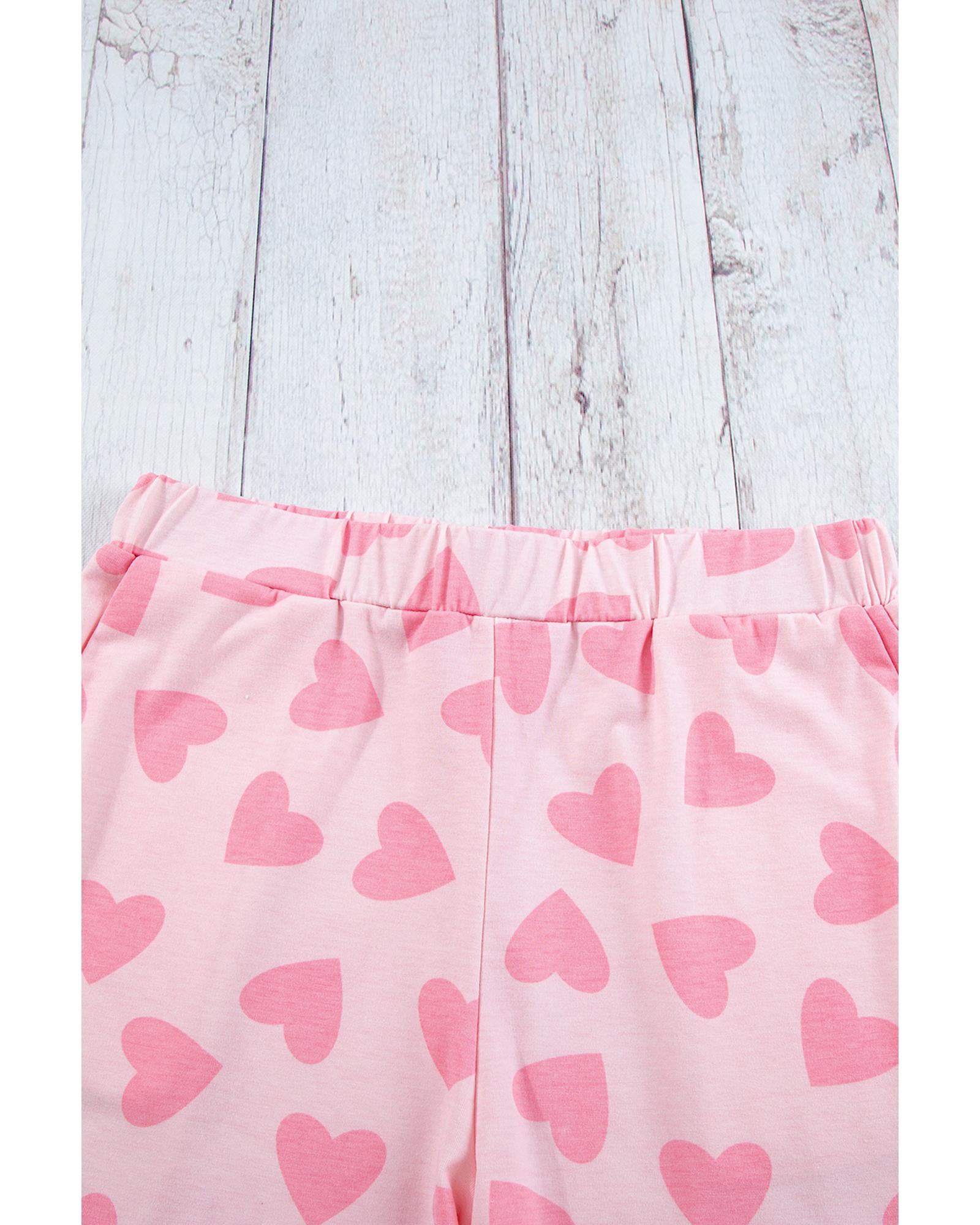 Pink Valentine Heart Shape Print Long Sleeve Top Shorts Lounge Set - S