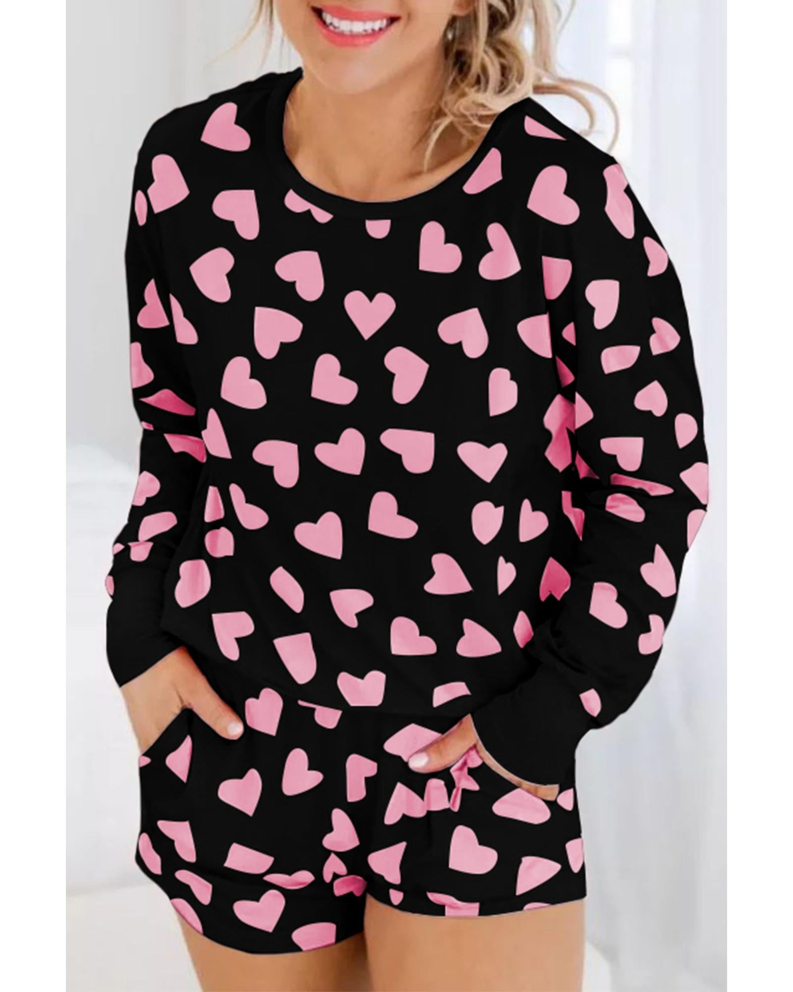 Black Valentine Heart Shape Print Long Sleeve Top Shorts Lounge Set - L