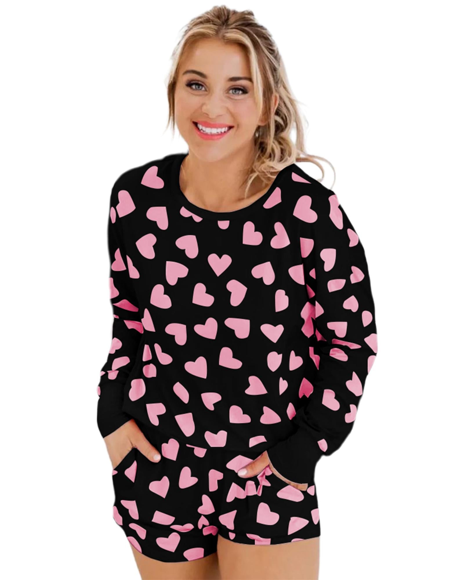 Black Valentine Heart Shape Print Long Sleeve Top Shorts Lounge Set - L
